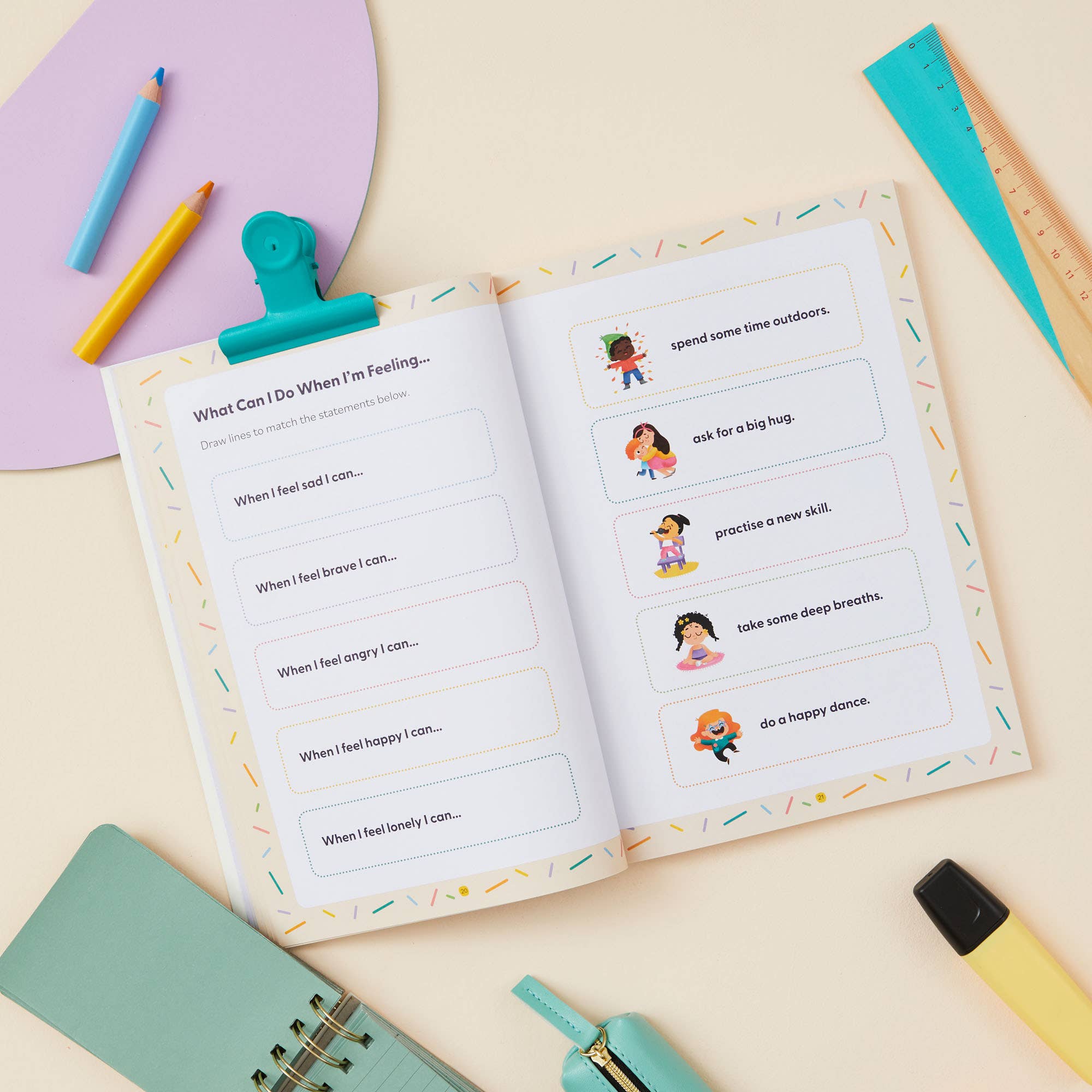 The My Mindful Me Journal Early Years Edition by Mindful Champs offers prompts like “When I feel sad I can...” with illustrated ideas—such as going outdoors or requesting a hug—encouraging mindful reflection and creative expression in children.