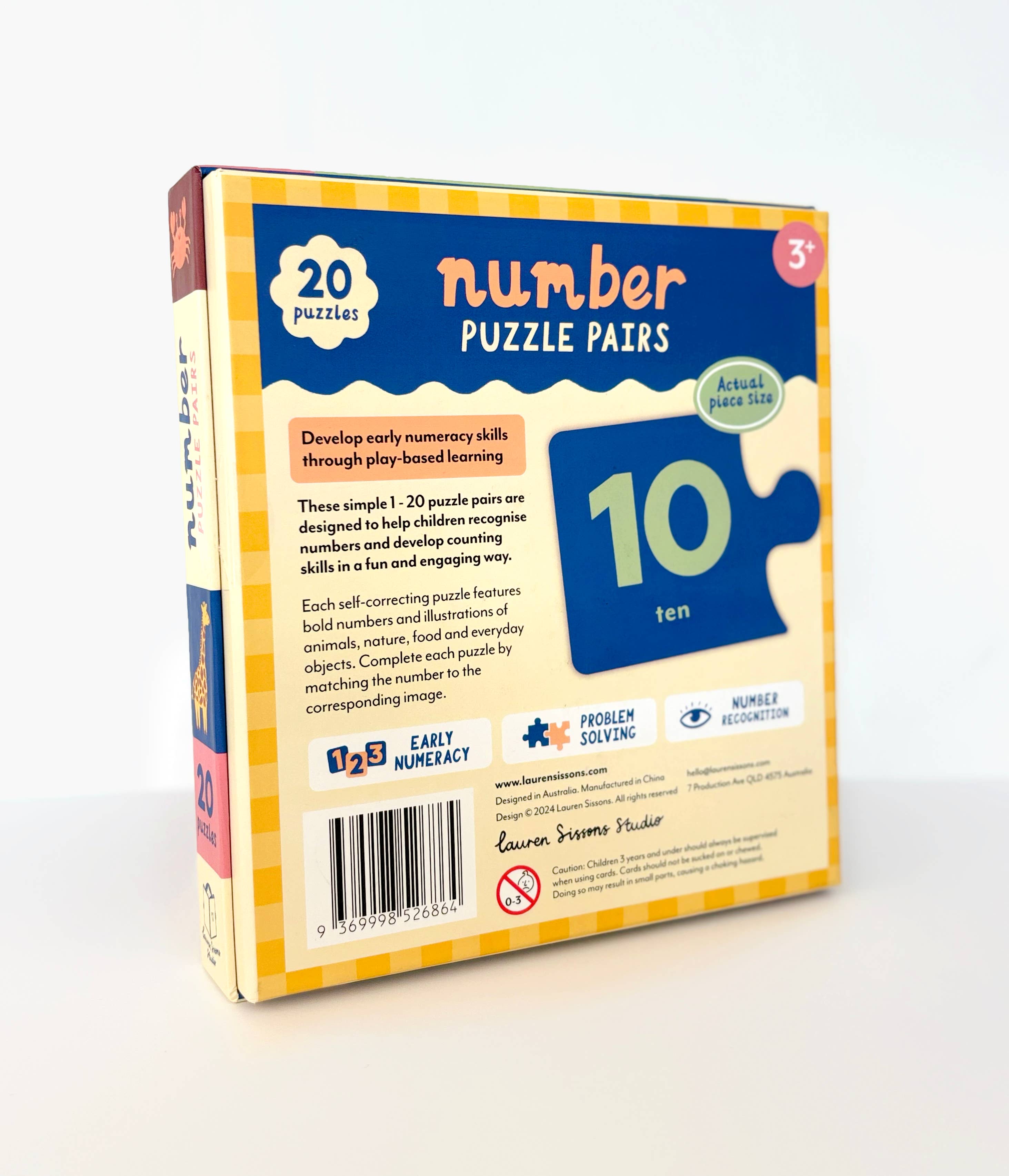 The Lauren Sissons Studio Number Puzzle Pairs - Kids Toys Learning Game Educational is for ages 3+ and includes 20 number puzzles, promoting early numeracy, counting, and problem-solving skills. The back displays a sample “10” piece with the word “ten.”.