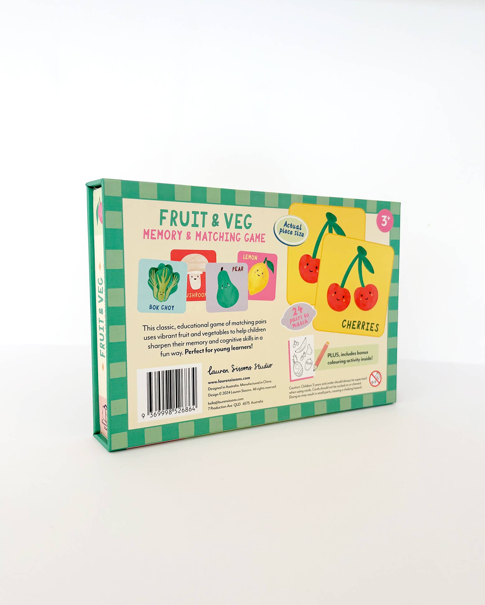 The back of the Lauren Sissons Studio Fruit and Veg Memory & Matching Game box shows vibrant produce illustrations, game info, and a sample card—ideal for kids ages 3+ as an educational memory and matching game gift.