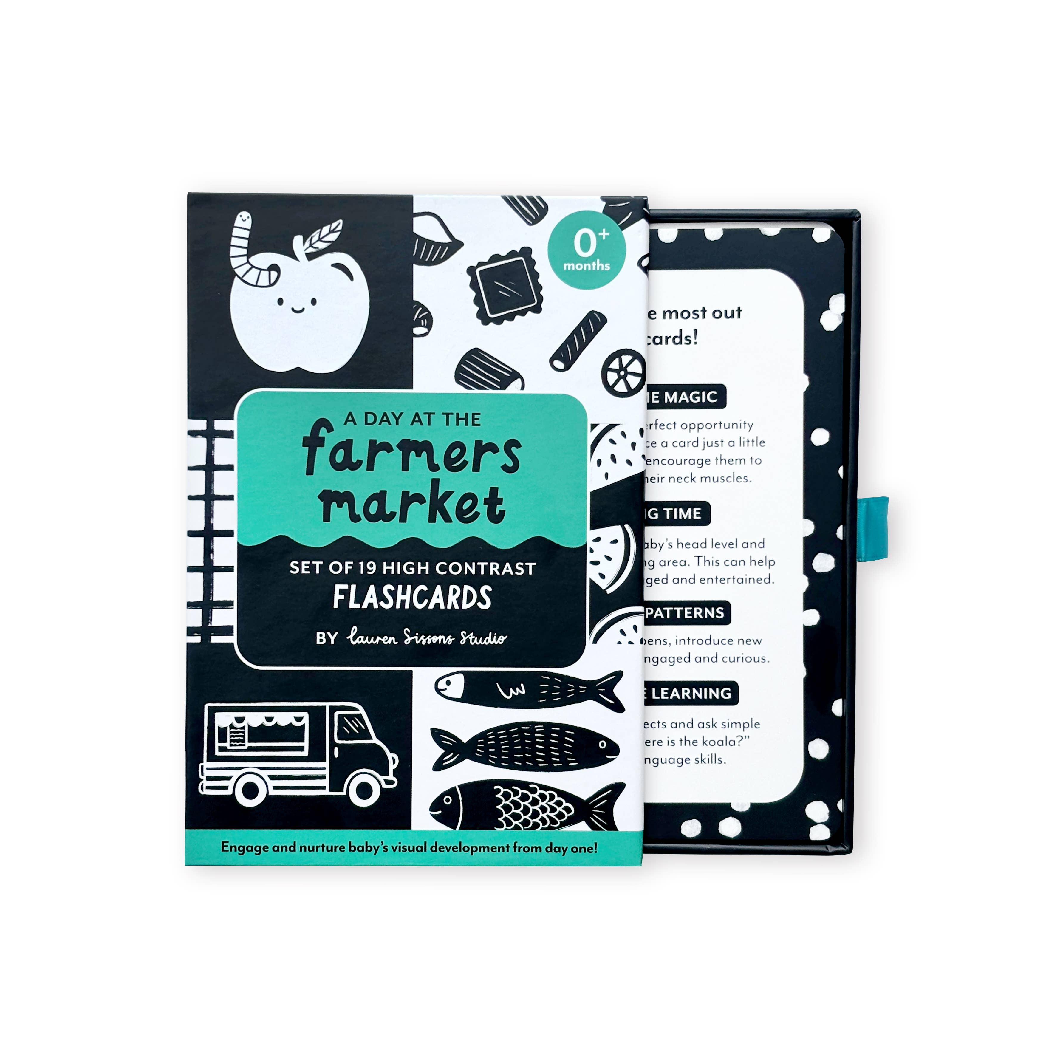 Lauren Sissons Studio’s High Contrast Flashcards for Baby include 19 playful, high-contrast cards, such as fish and apple illustrations, to support newborn visual development. Suitable from 0+ months; ideal as a sensory newborn gift.