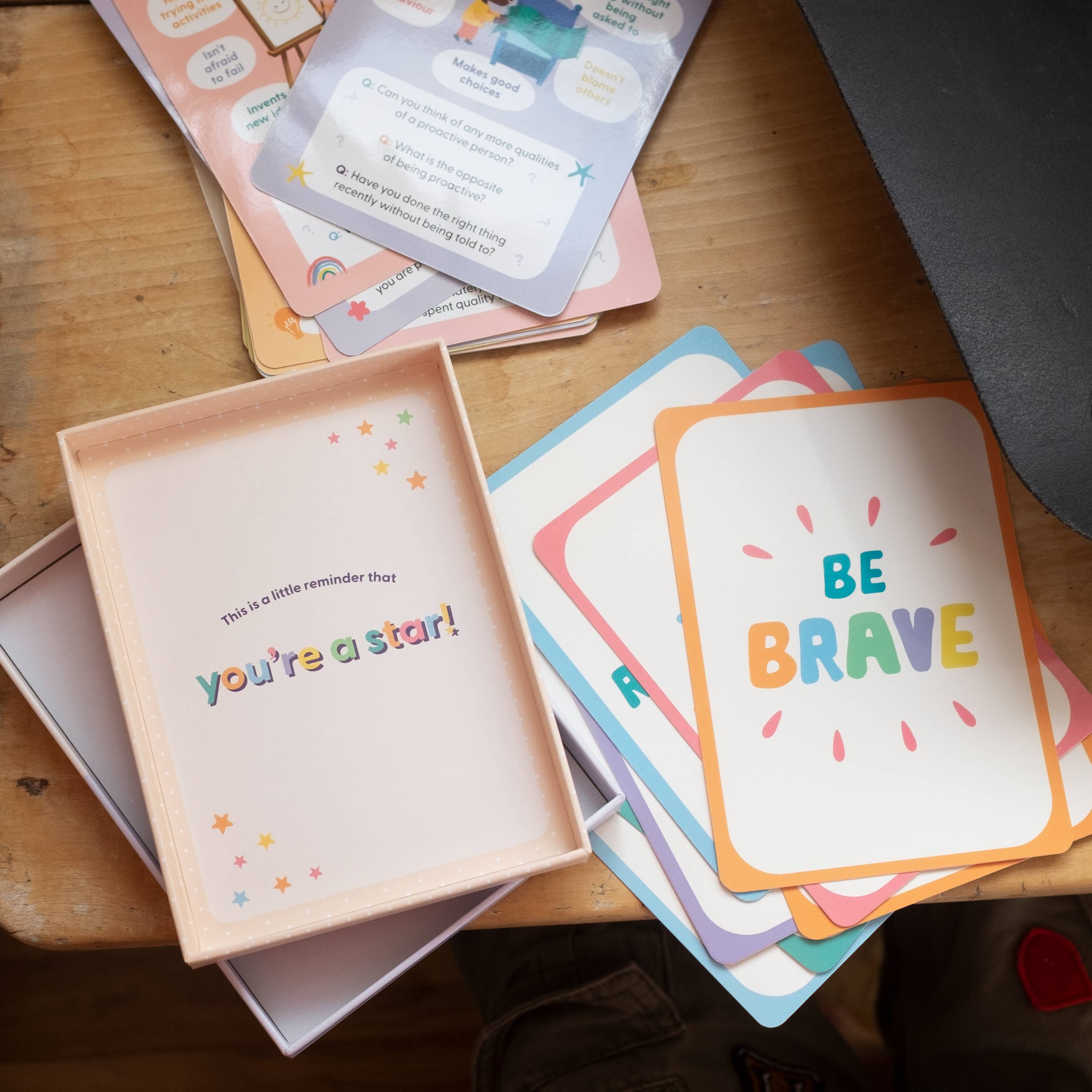 Mindful Champs' Character Matters Flashcards for Kids feature colorful cards like “BE BRAVE” and “you’re a star!”—perfect inspiring tools for children’s character development and personal growth.