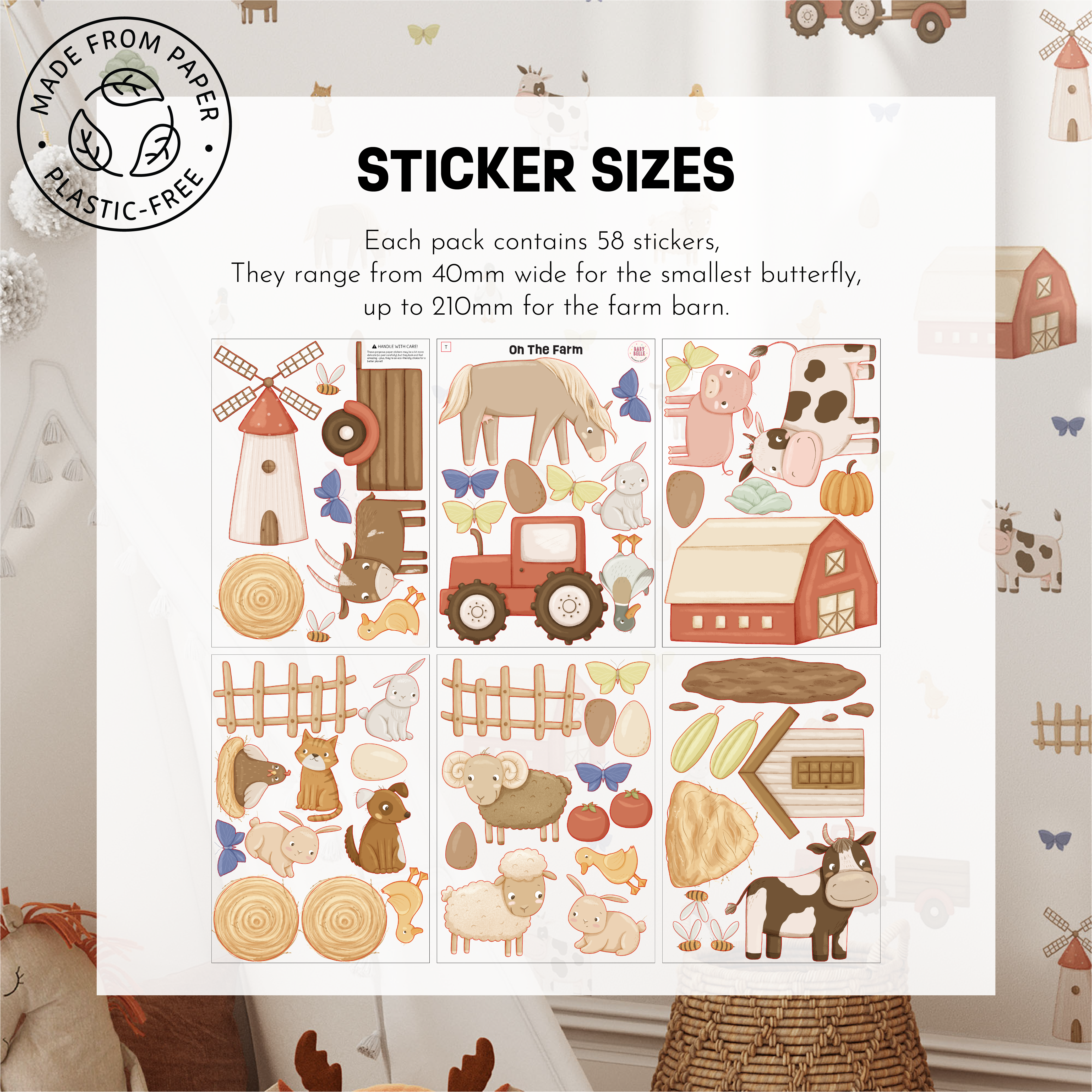 Baby Belle’s On The Farm Wall Decals feature 58 stickers of animals, barn, tractor, fences, and butterflies (40mm–210mm wide)—ideal for nursery decor.