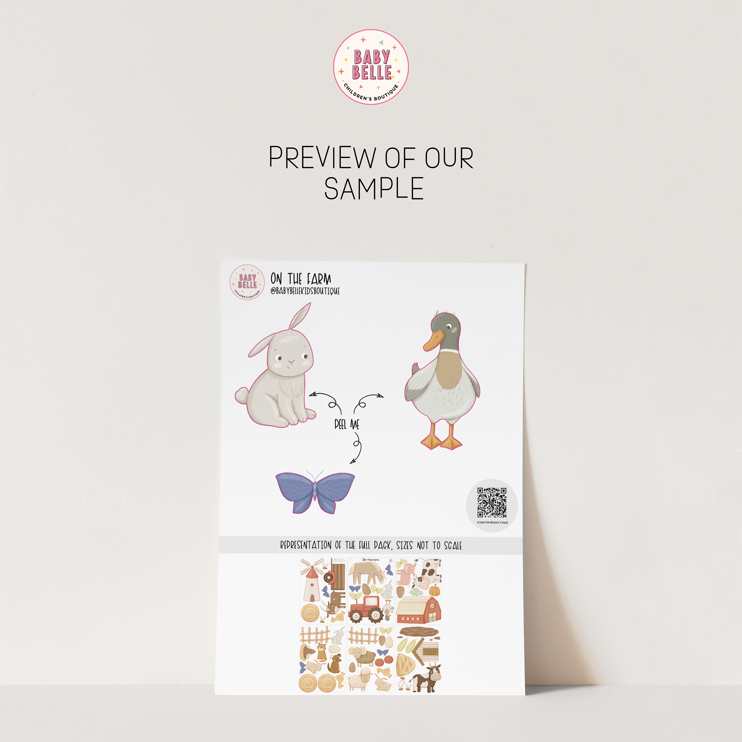 The Baby Belle "On The Farm Wall Decals" sample sheet features bunny, duck, and butterfly illustrations with farm-themed designs—perfect for playful nursery decor.