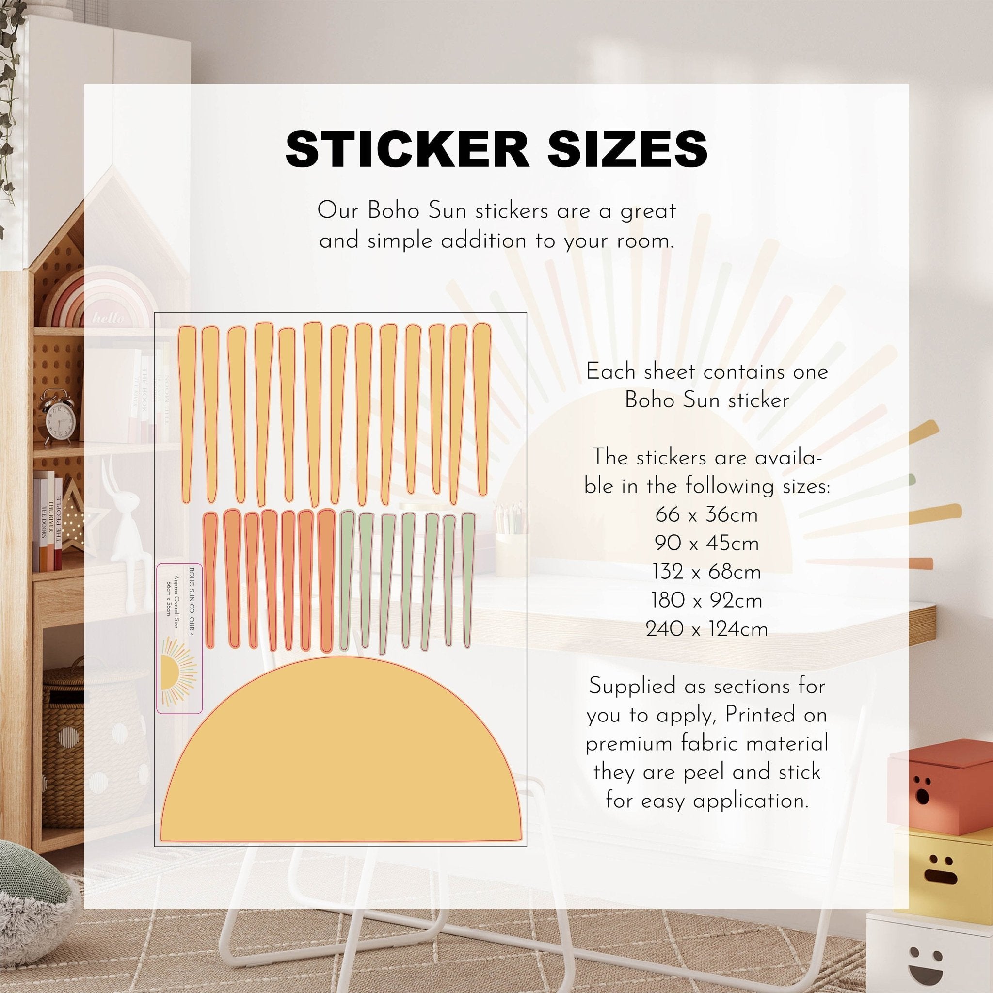 Discover My Stores Boho Sun Stickers in five sizes with vibrant orange and yellow watercolor designs. The display features a cozy nursery decor backdrop with a house-shaped shelf and plants.