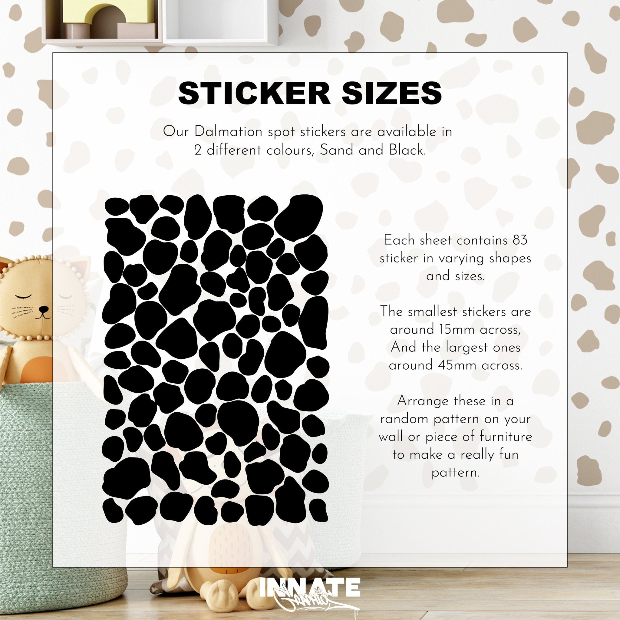 The Dalmation Spot Stickers by My Store come in various shapes and sizes, available in sand and black. Theyre seen with a cozy interior featuring a teddy bear and patterned chair, creating a playful ambiance. These removable decals add charm to any space.