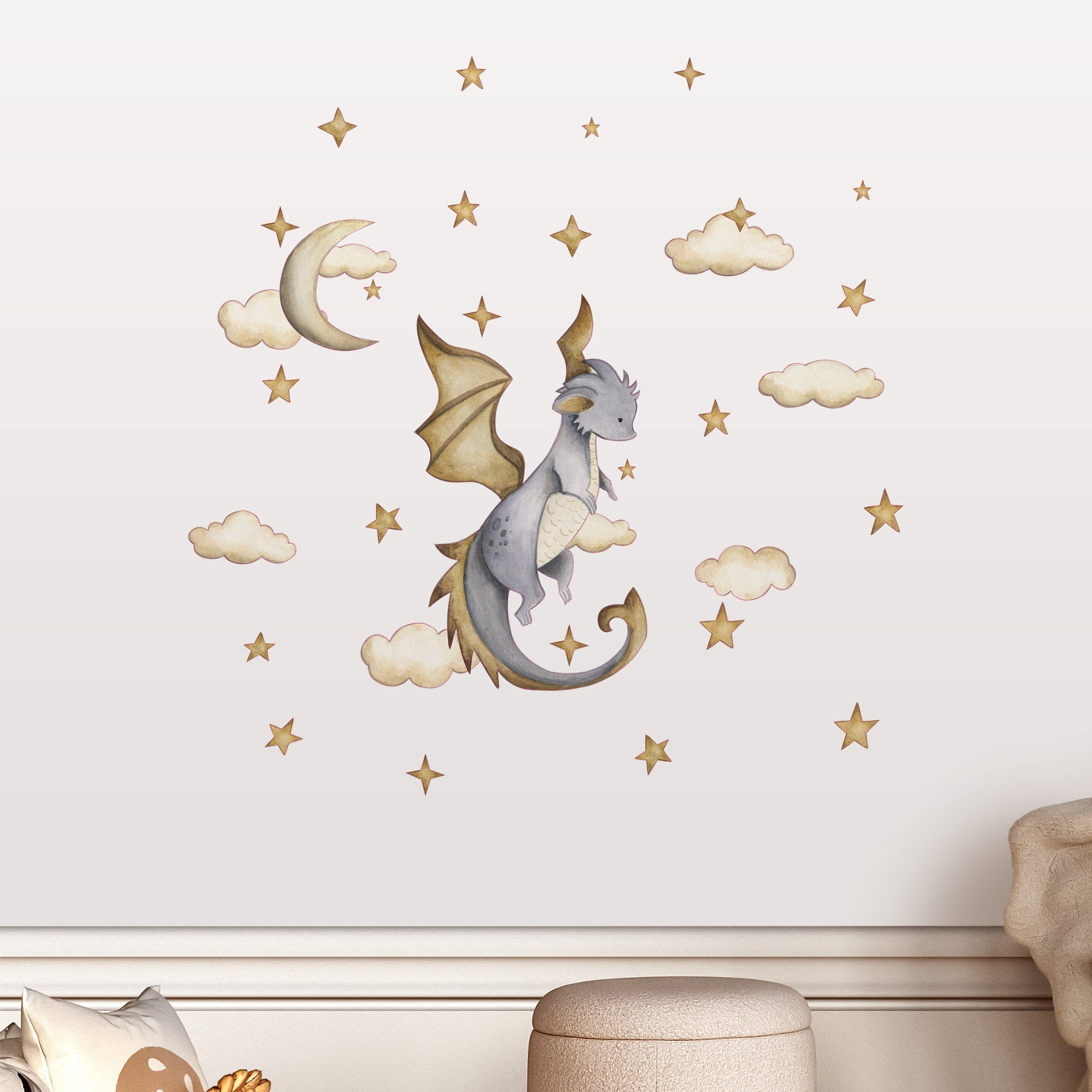 A whimsical illustration featuring a cute dragon with wings amidst clouds, stars, and a crescent moon creates a dreamy scene. The Dragon Stickers from My Store add an ethereal touch to any childs room, ideal for wall decorations with watercolor decals on a light background.