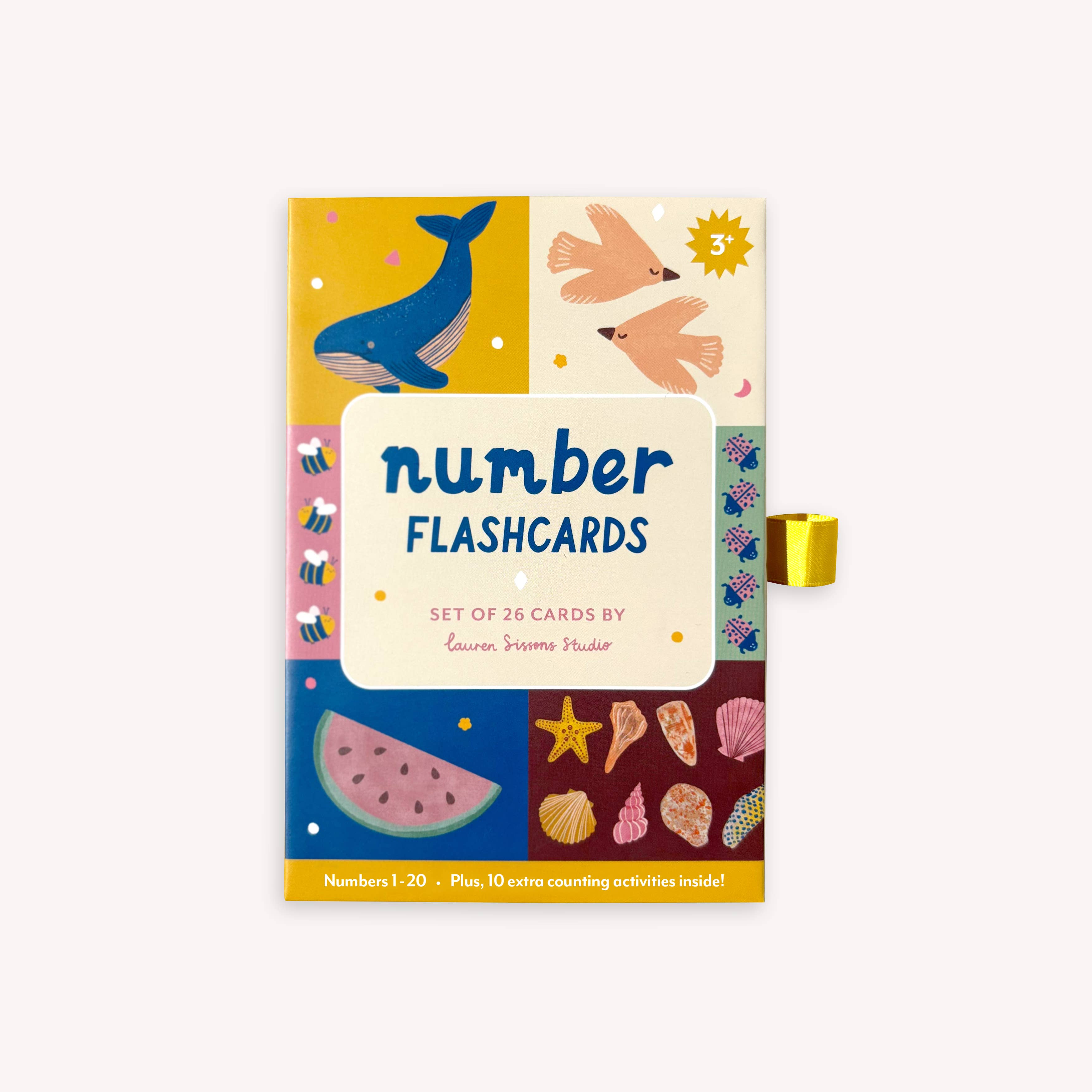 Lauren Sissons Studio’s Illustrated Number Flashcards – Kids Toys Learning Education includes 26 colorful cards for counting 1–20, with playful illustrations like whales, fish, watermelon, and sea shells for engaging learning.