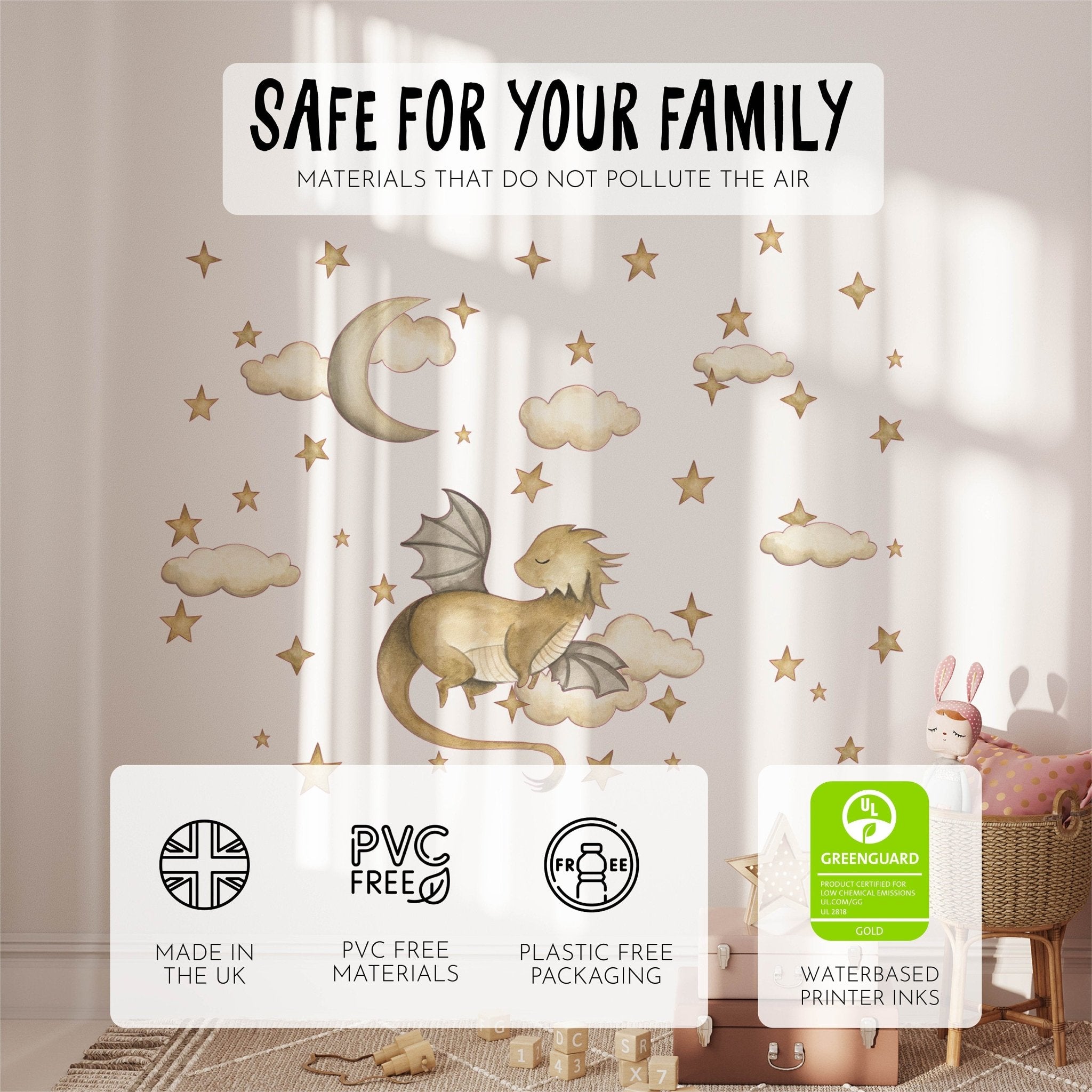 My Stores Golden Dragon Stickers transform a childs room with watercolor dragons, stars, clouds, and a crescent moon. Safe for your family - materials that do not pollute the air. UK-made, PVC-free, plastic-free packaging, and Greenguard certified icons are displayed too.