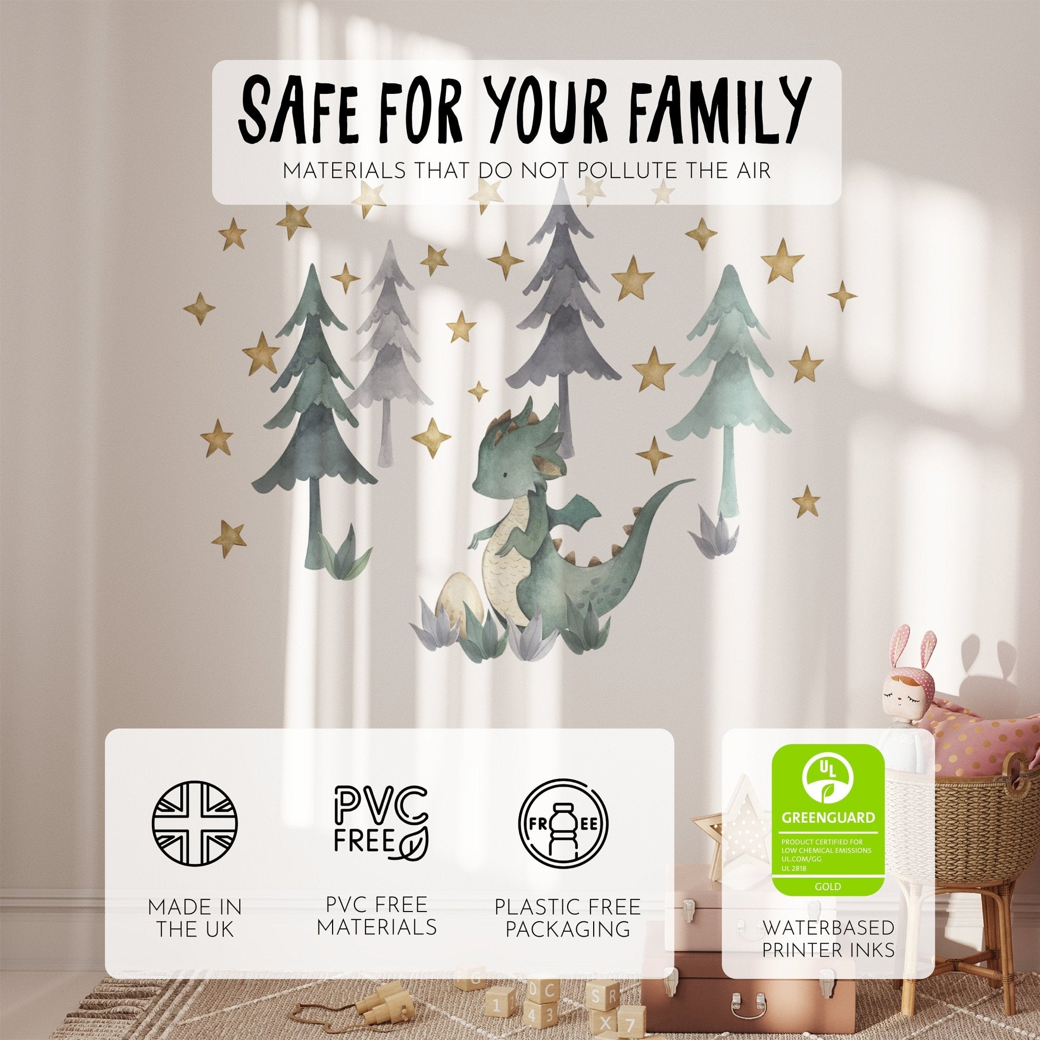 A tranquil nursery is adorned with My Stores Green Dragon Stickers, featuring cute watercolor creatures and forest stars. These designs prioritize safety with PVC-free materials, plastic-free packaging, and Greenguard certification; easy application makes decorating simple as sunlight casts soft shadows.