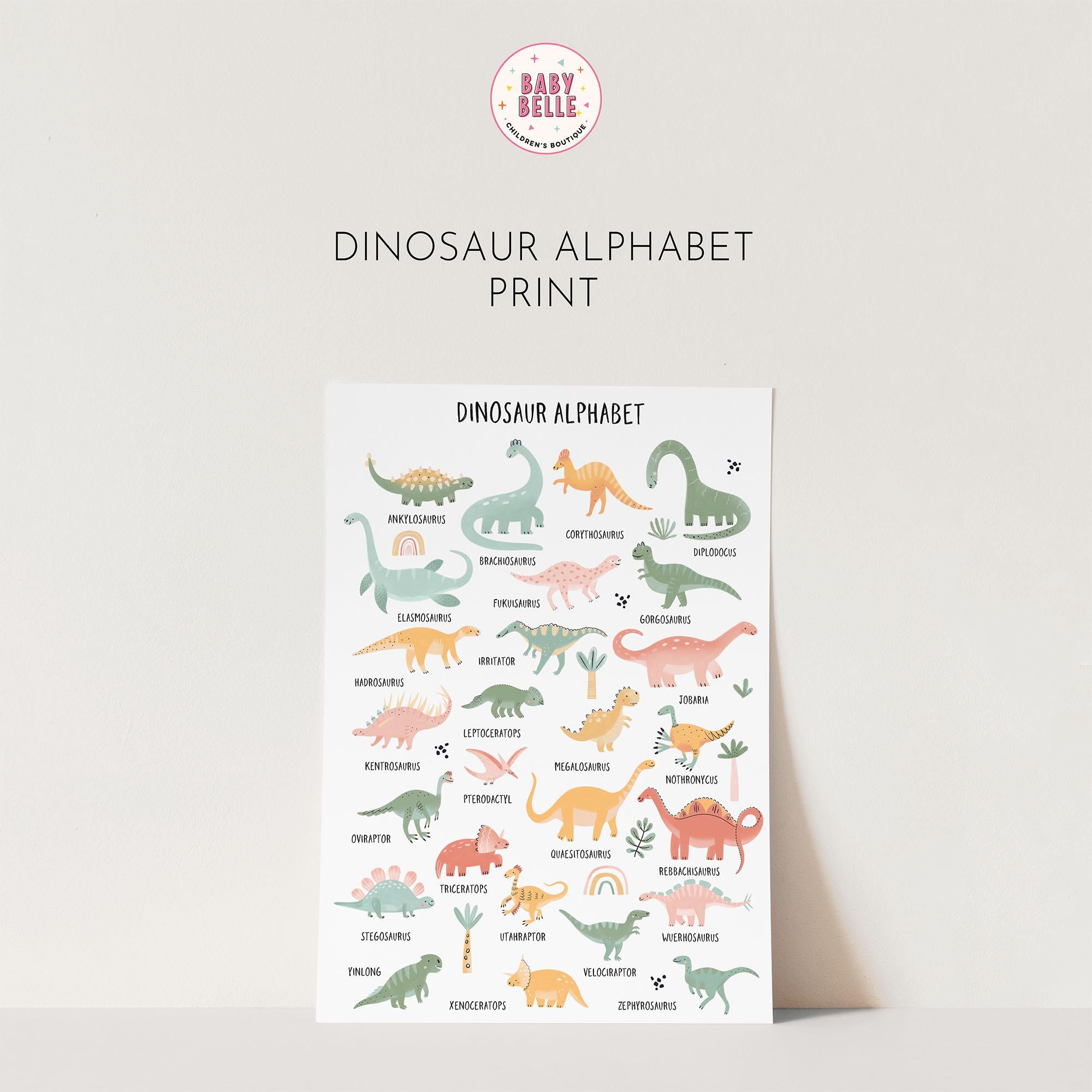 The Dinosaur Alphabet Nursery Print by My Store showcases vibrant dinosaurs for each letter, including Apatosaurus, Brachiosaurus, and Triceratops. Its an engaging nursery art piece perfect for enriching young minds through playful learning.