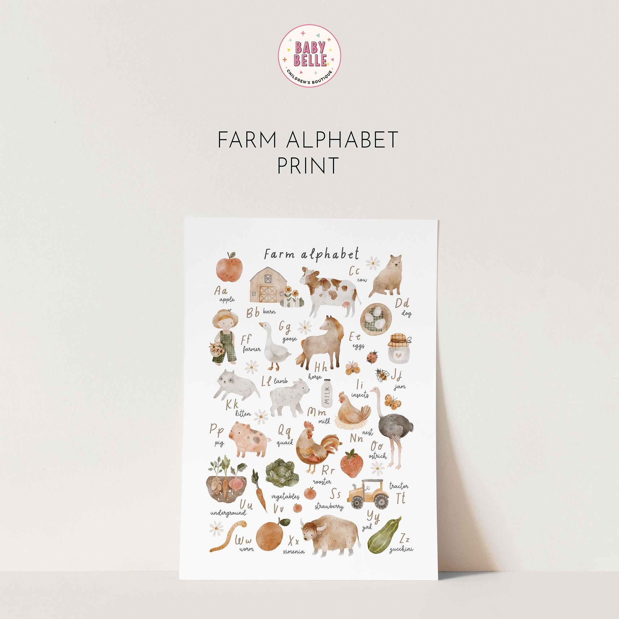 The Farm Animals Alphabet & Numbers Nursery Print by My Store features charming illustrated farm animals and objects for each letter A to Z, with delightful depictions of cows, pigs, tractors, and vegetables—an ideal educational nursery art piece to inspire young minds.