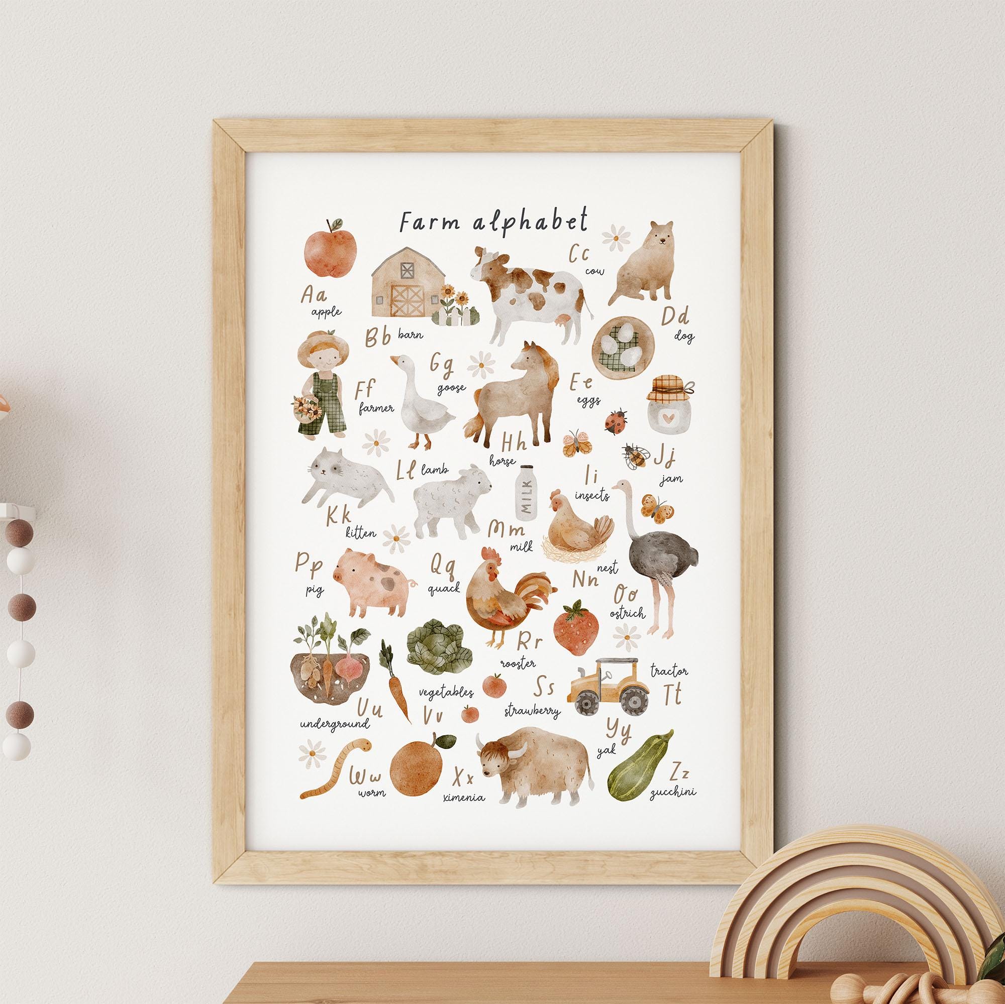 The Farm Animals Alphabet & Numbers Nursery Print by My Store features charming watercolor illustrations of farm animals and produce for each letter, set against a white background. Ideal for light-colored walls, this educational art piece delights nursery spaces.