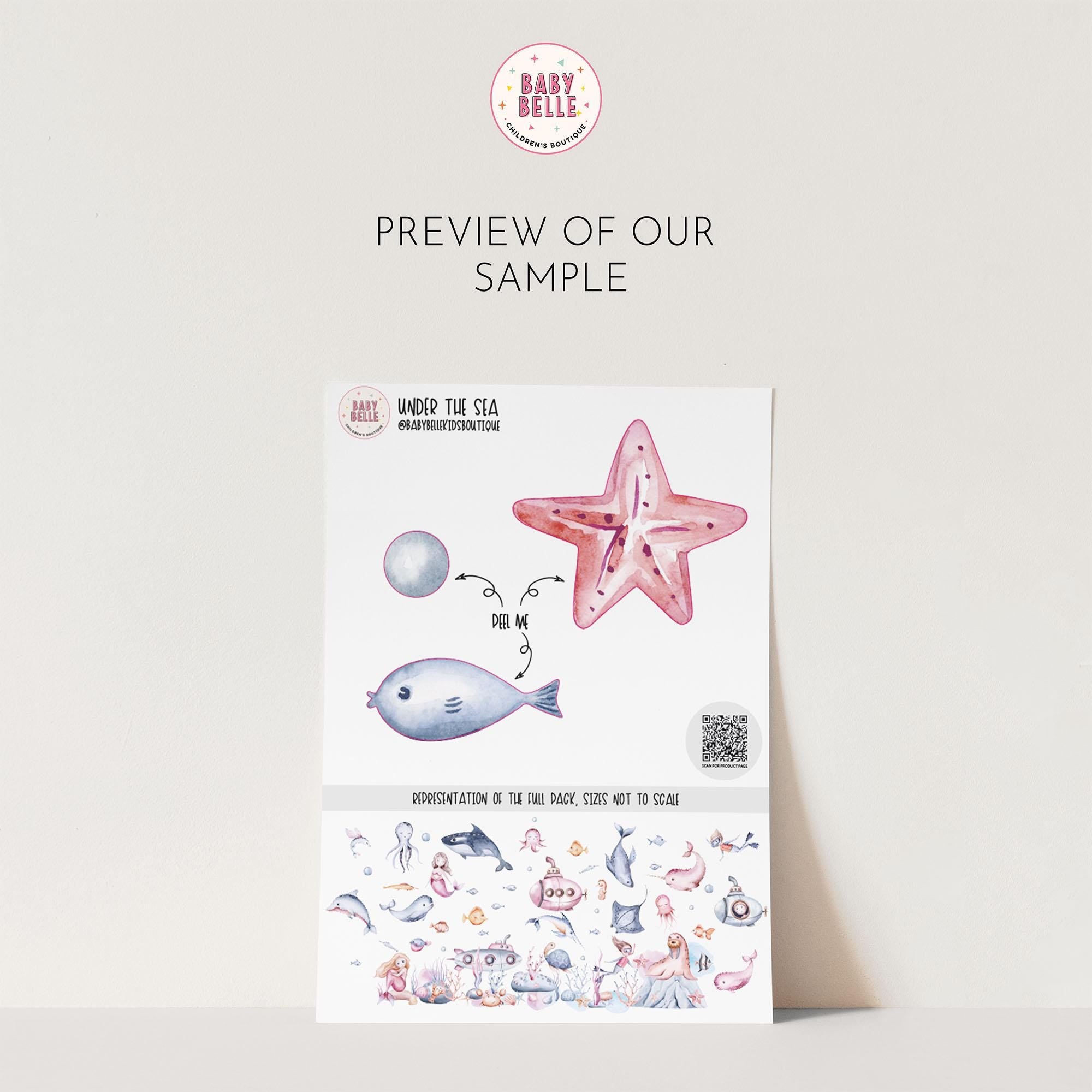 A sample page from Under the Sea by Baby Belle showcases whimsical illustrations of a starfish and fish, with arrows pointing to facial elements. Additional small marine creatures at the bottom resemble My Stores Under The Sea Nursery Wall Stickers by Baby Belle.