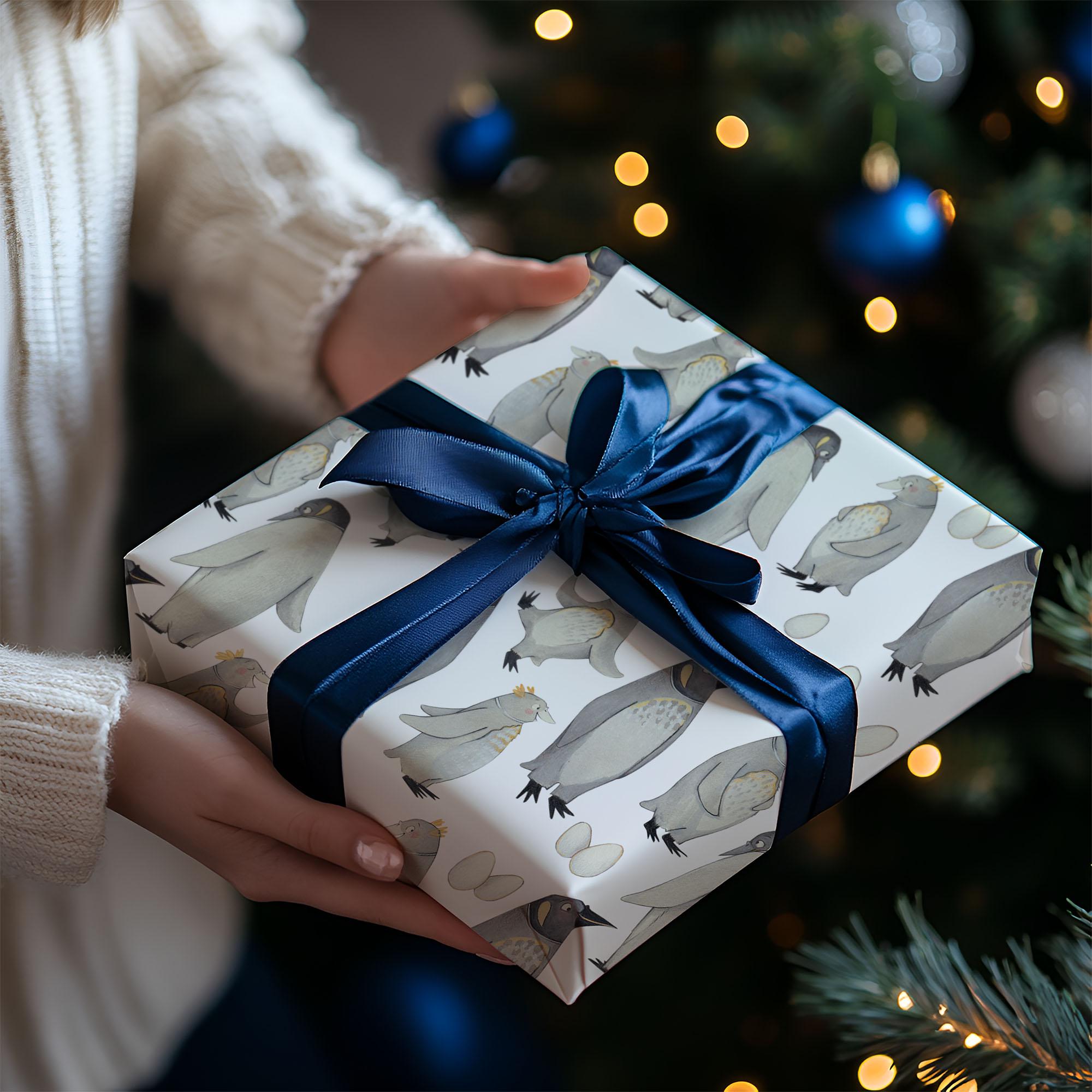Christmas Penguins Gift Wrapping Paper, Eco Friendly Gift Wrap, 100% Recyclable, Luxury Sustainable Kraft Xmas Gift Wrap.