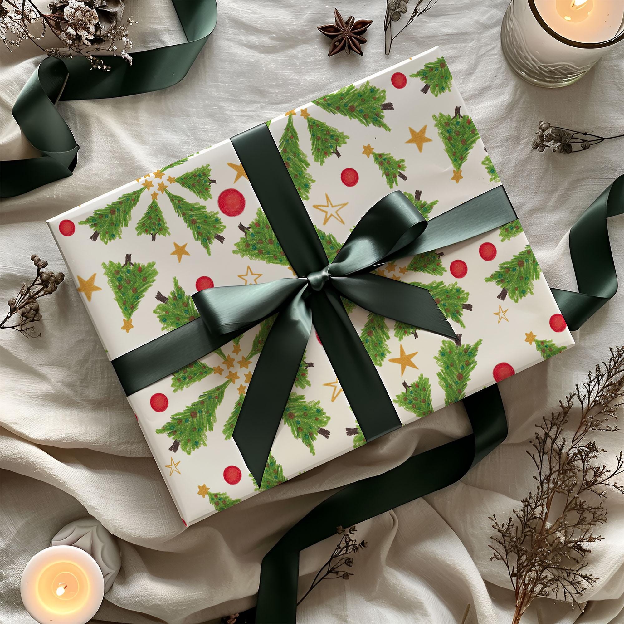 Christmas Trees Gift Wrapping Paper, Eco Friendly Gift Wrap, 100% Recyclable, Luxury Sustainable Kraft Xmas Gift Wrap.