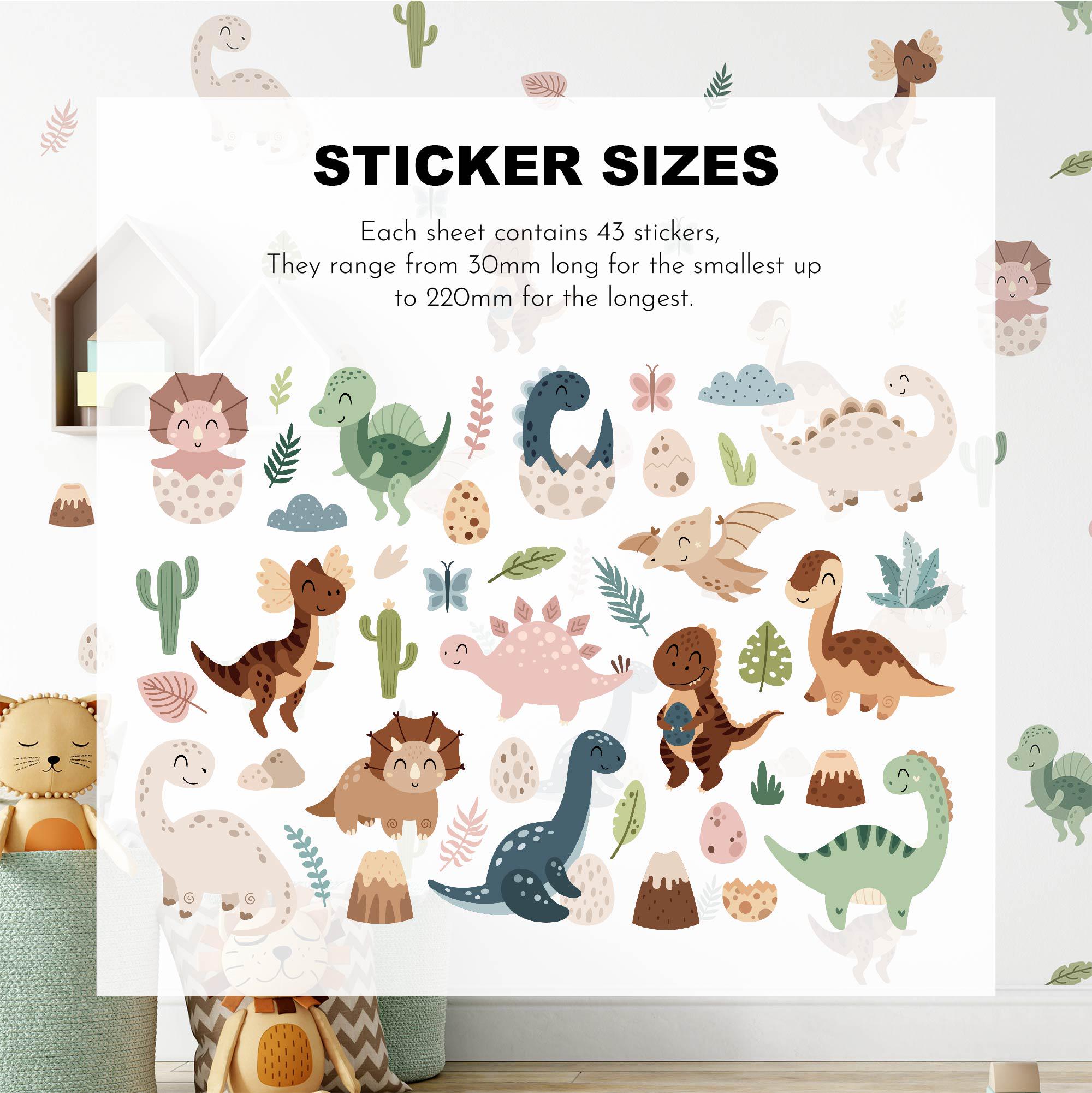My Stores Fun Dinosaurs Stickers offer a collection of self-adhesive wall decals featuring cartoon dinosaurs, eggs, and plants in soft colors. Each sheet contains 43 removable stickers ranging from 30mm to 220mm in length.