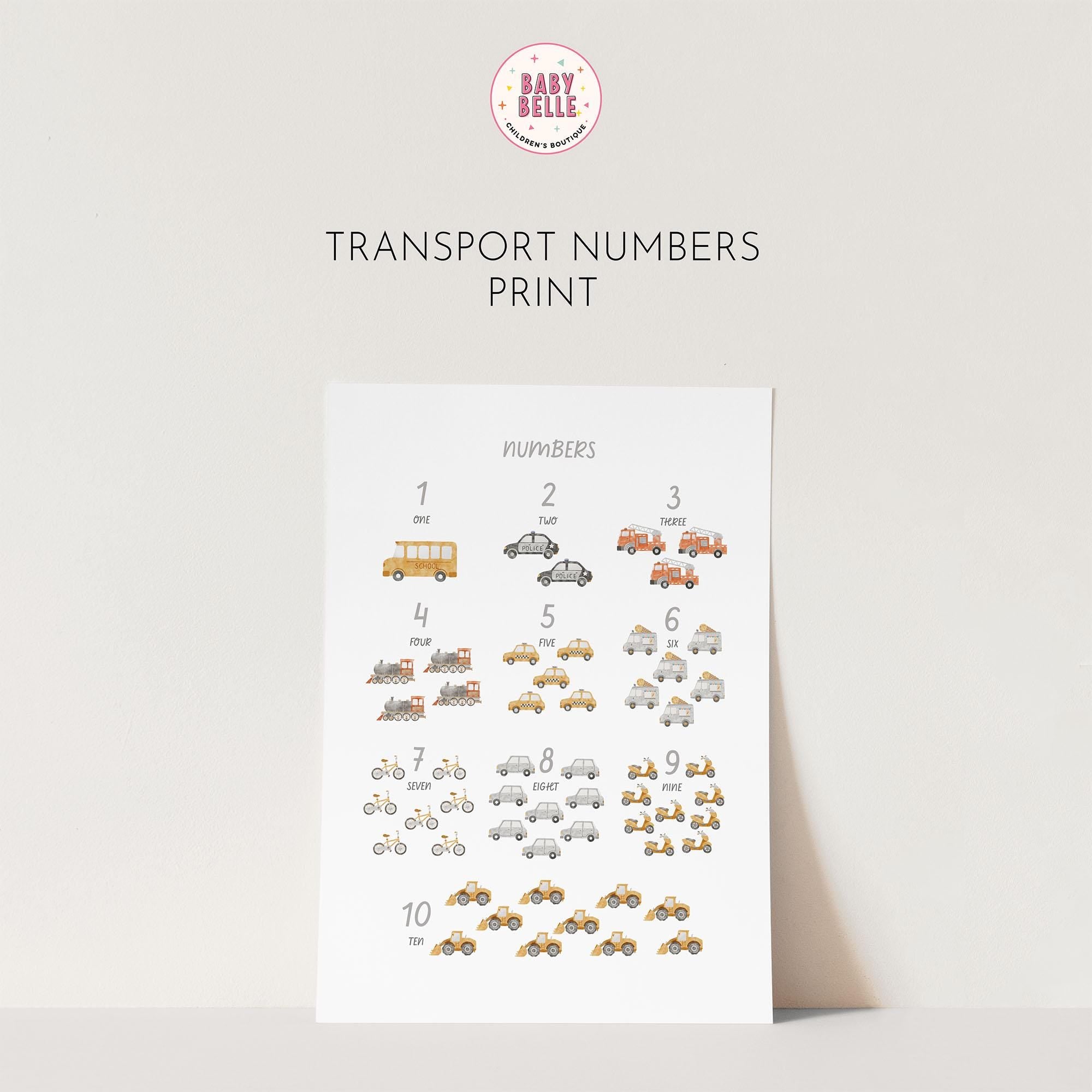 The Transport Alphabet & Numbers Print from My Store is an ideal nursery addition, featuring vehicles like buses, cars, bikes, trucks, and trains with numbers 1 to 10, each number illustrated by the corresponding quantity of vehicles for an engaging educational experience.