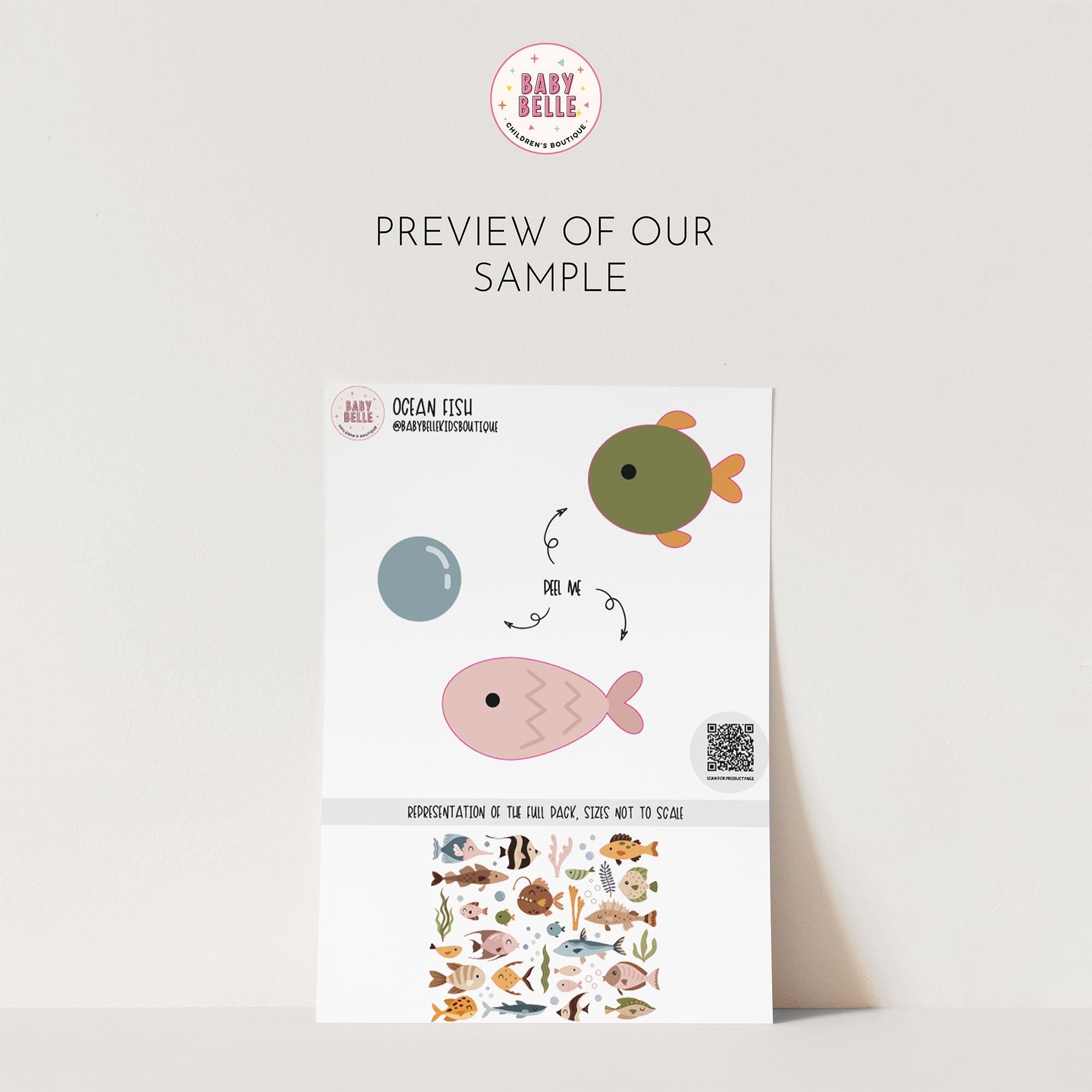A sample preview poster from My Store showcasing colorful illustrated fish and bubbles on a pale background, ideal for ocean life enthusiasts. Includes Preview of Our Sample and Ocean Fish. A QR code at the bottom offers a sneak peek into our Ocean Fish Stickers.