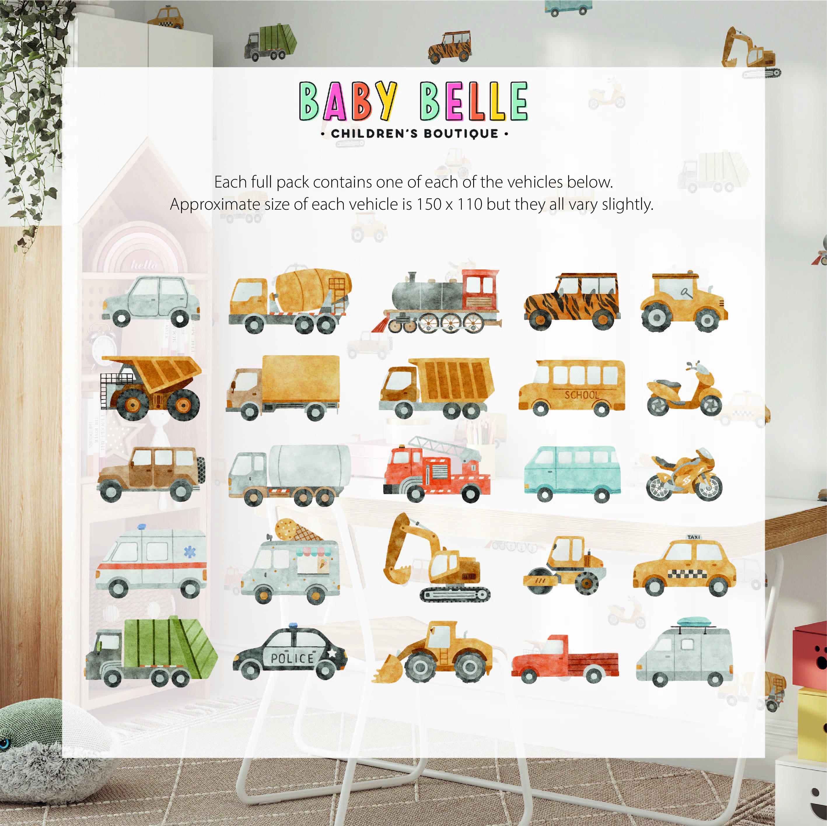 A childrens playroom features the Baby Belle Childrens Boutique decorative poster with illustrated vehicles like trucks, cars, and buses. Transport Vehicles Wall Stickers by My Store add extra color and fun to the space.