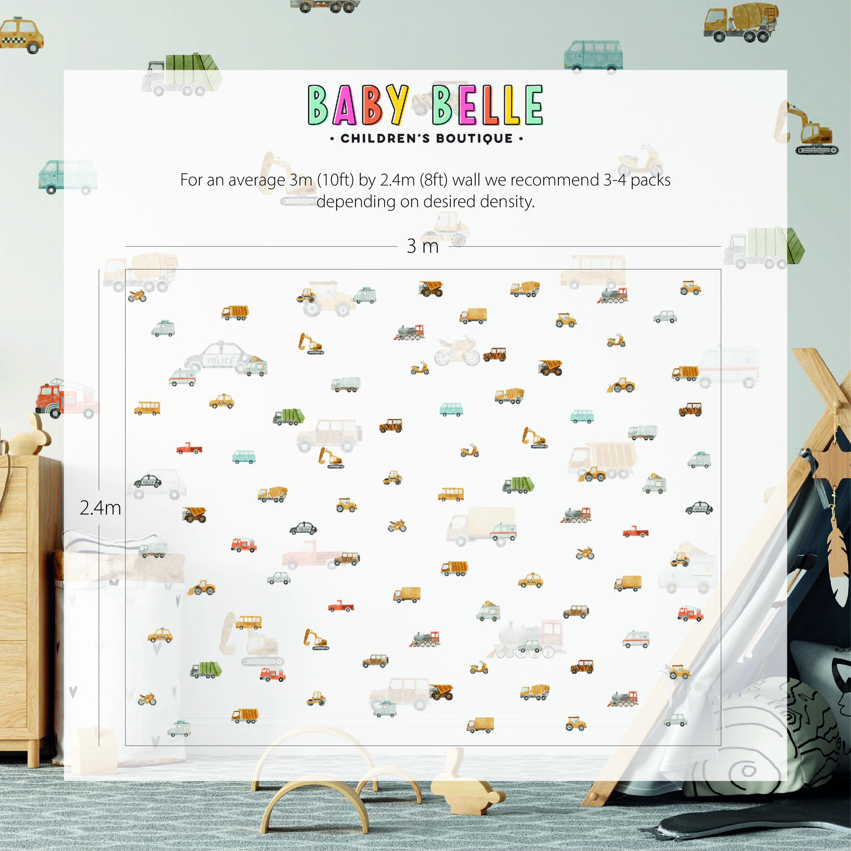 A room with My Stores Transport Vehicles Wall Stickers and white wallpaper showcases cars, trucks, and buses. Use 3-4 packs for a 3m x 2.4m wall. A toy vehicle on a light wood shelf and transport-themed decals enhance the playful atmosphere.