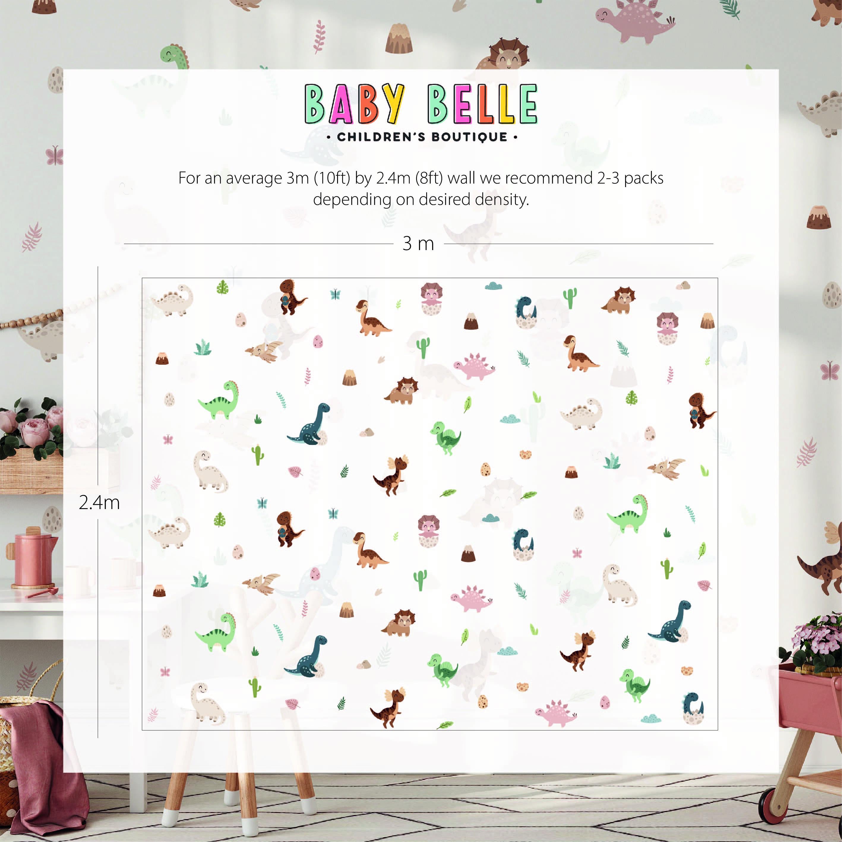The room features My Stores Fun Dinosaurs Stickers, colorful, removable decals of dinosaurs and plants. Complemented by a pink chair, hanging shelves, and a table with toys, this setup creates a playful atmosphere in any childs space.