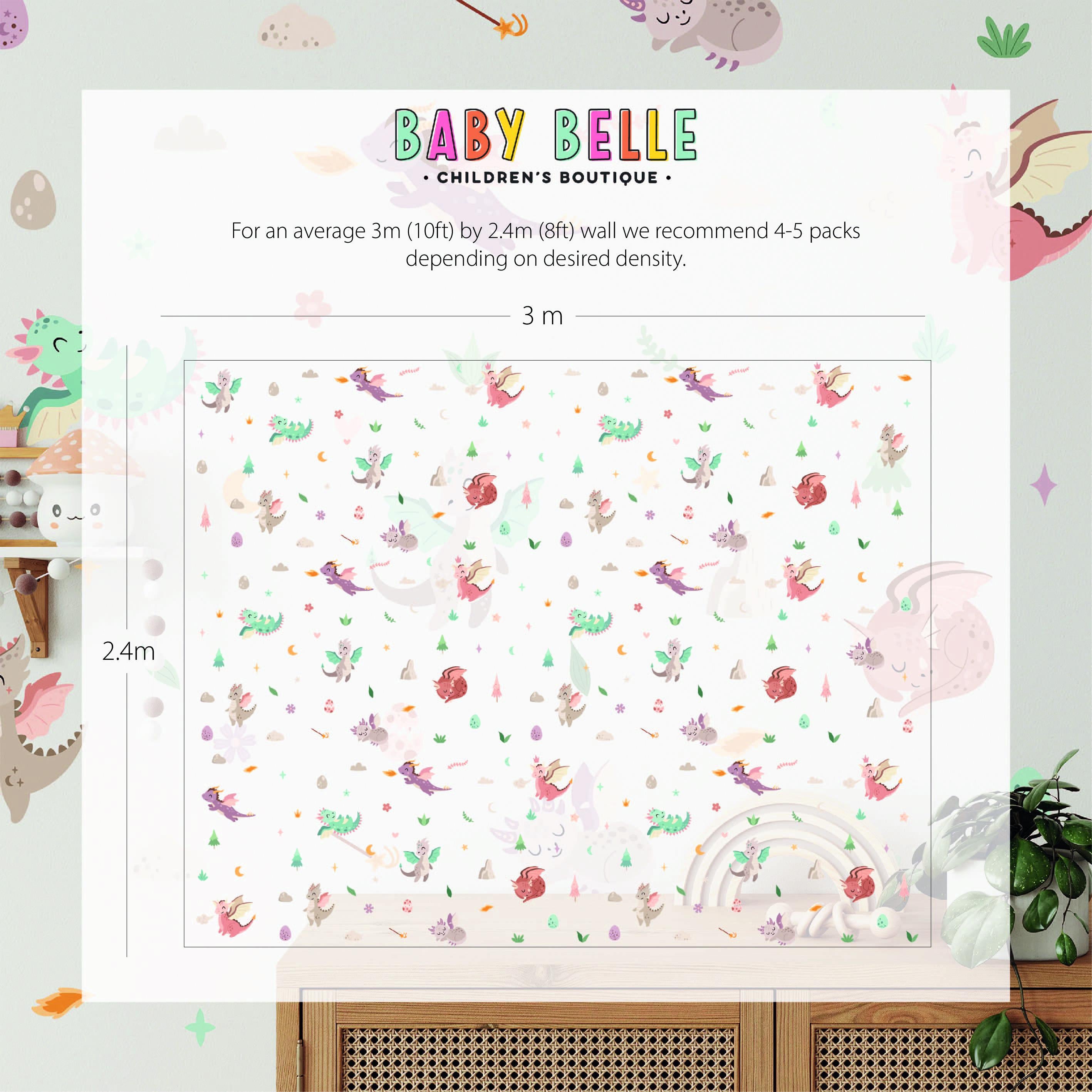 Cute Dragon Wall Decals, Fantasy Nursery Art Stickers, Nursery Decor, Removable Wall Art, Daisy Polka Dot Decals, Peel And Stick