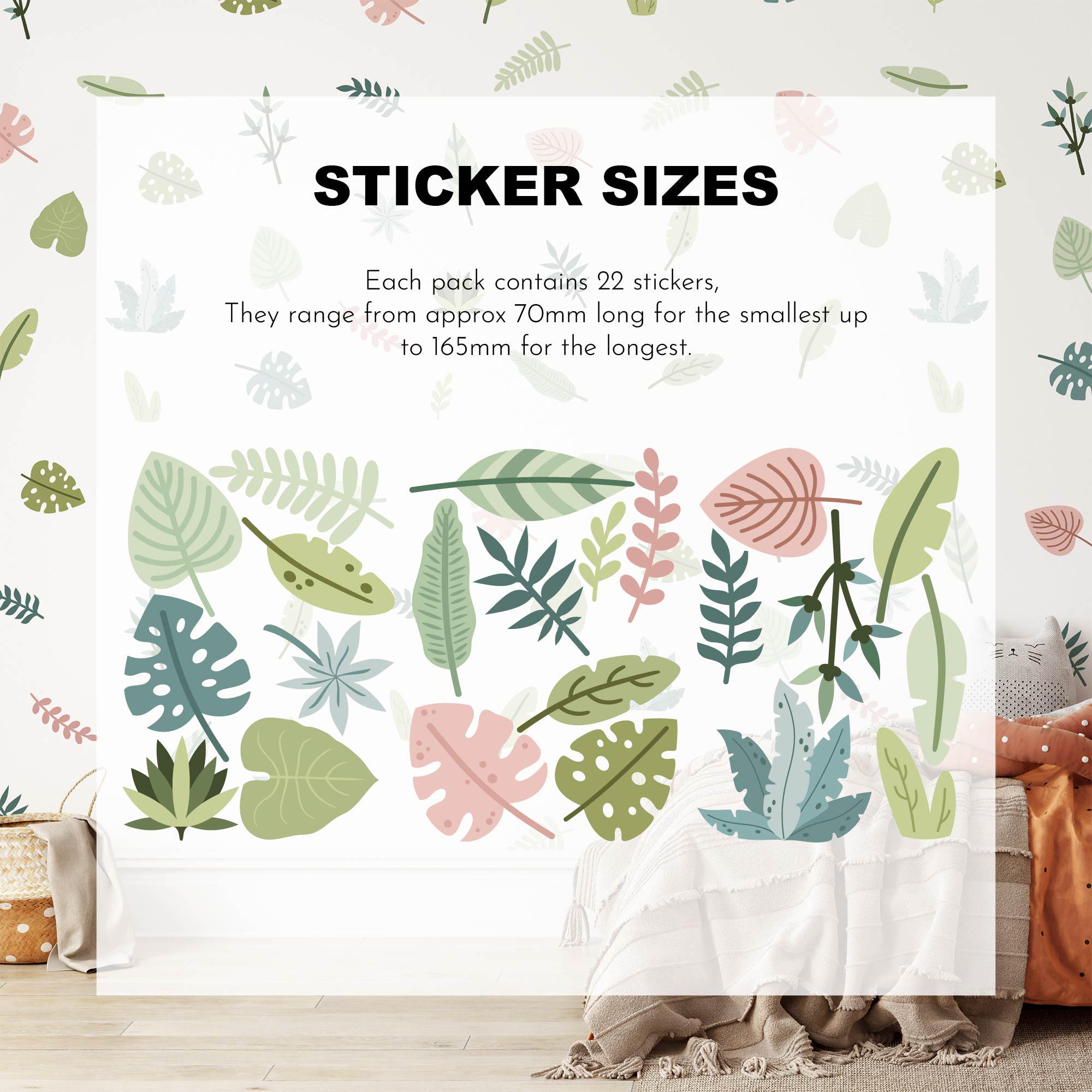 Tropical Leaves Nursery Wall Stickers by My Store are displayed on a white background labeled Sticker Sizes, with a cozy room featuring cushions below to highlight their versatile use.