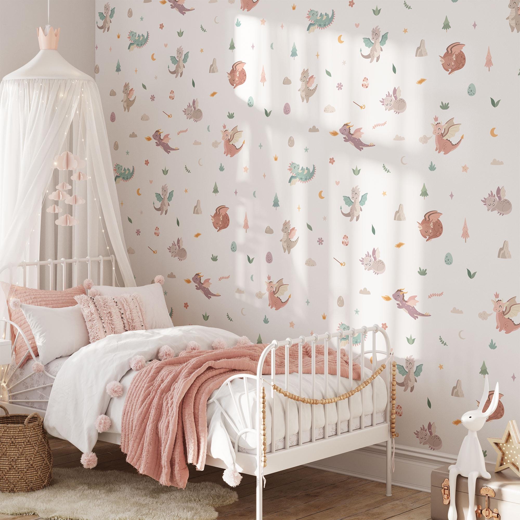 Cute Dragon Wall Decals, Fantasy Nursery Art Stickers, Nursery Decor, Removable Wall Art, Daisy Polka Dot Decals, Peel And Stick