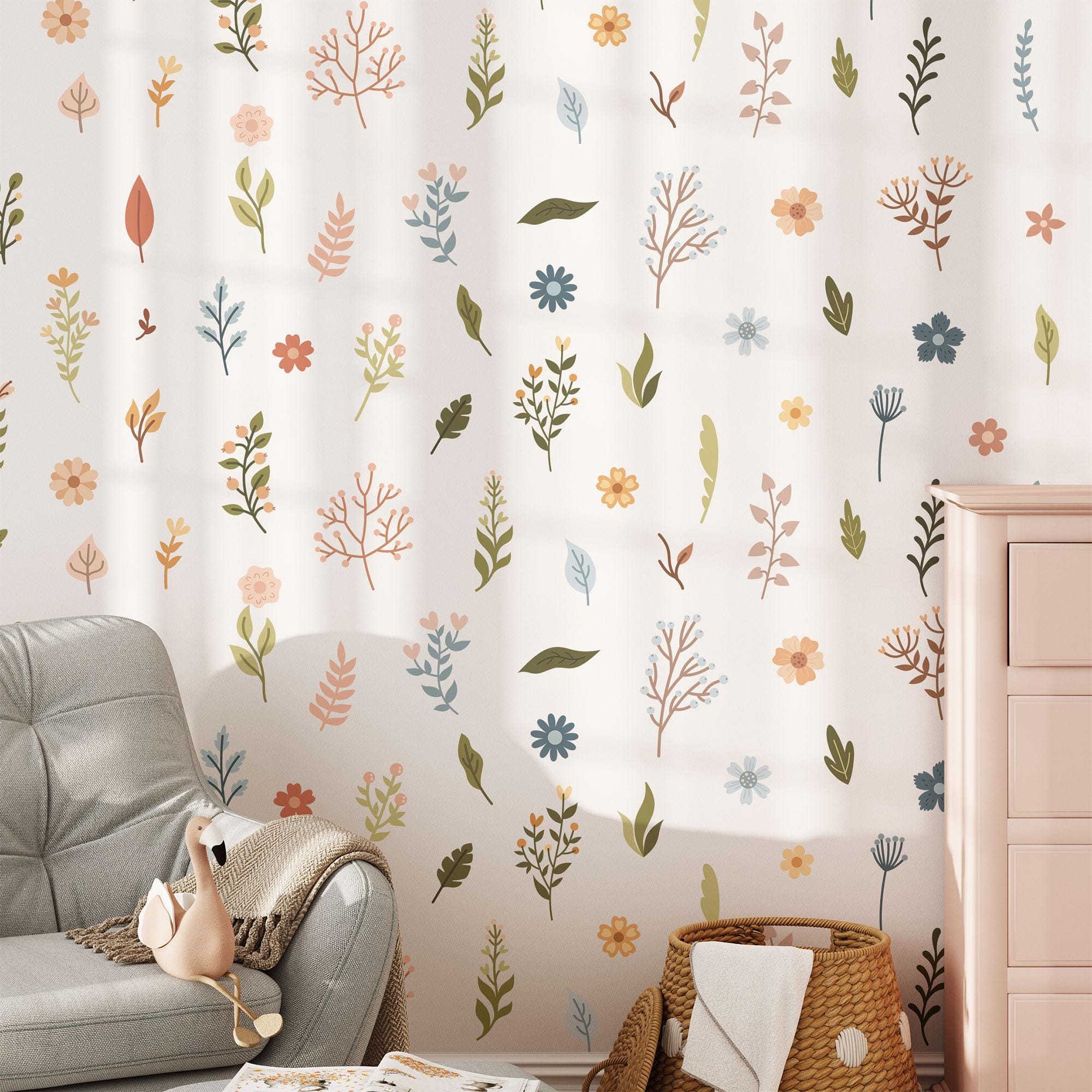 Wild Flower Nursery Wall Stickers, Kids Room Floral Wall Decal, Nursery Theme, Playroom, Bedroom Decor, Peel & Stick Nature Decals,