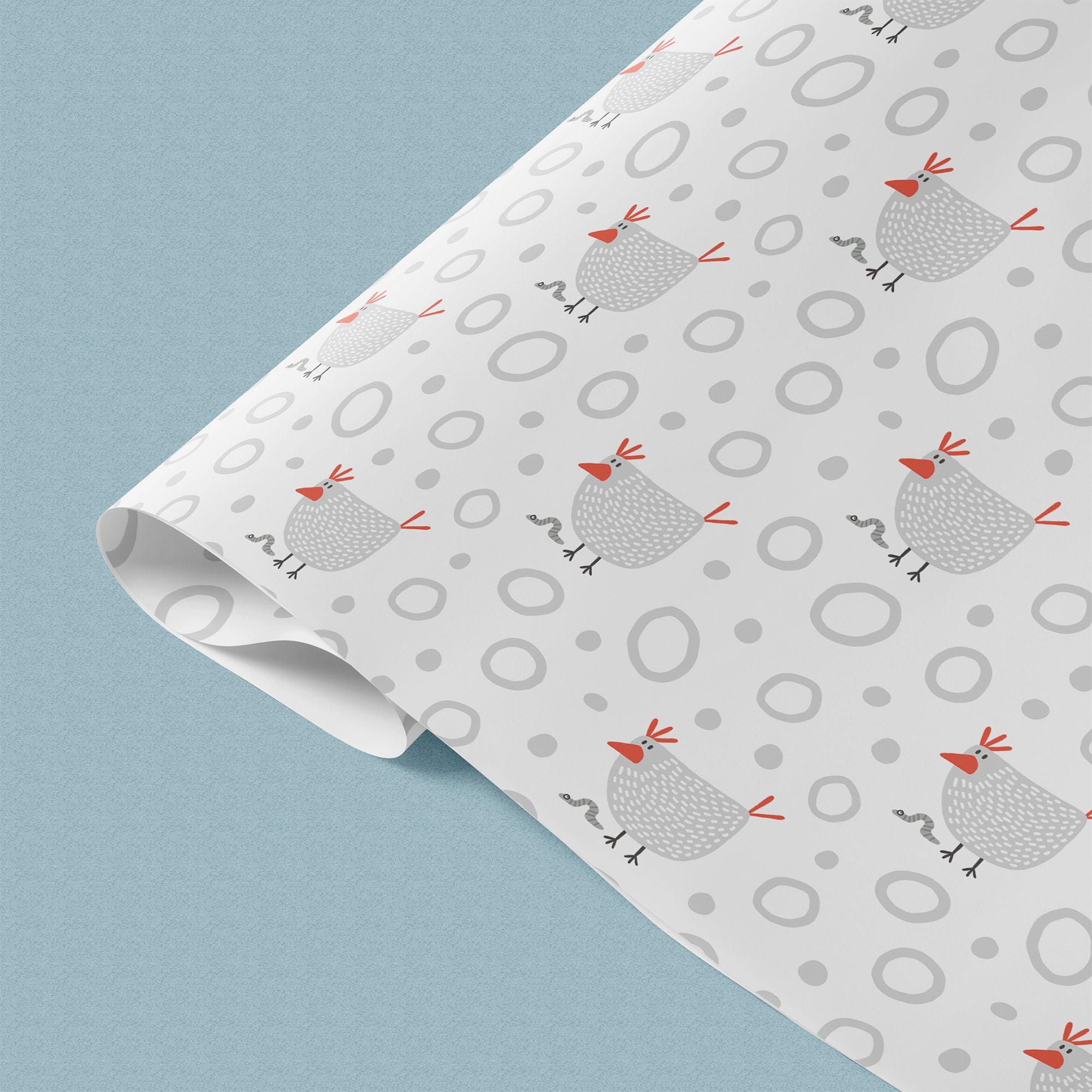 Chicken & Worm Gift Wrap, Eco-Friendly Farm Kids Gift Wrapping Paper, 100% Recyclable, Luxury Sustainable Kraft Birthday, Funny.