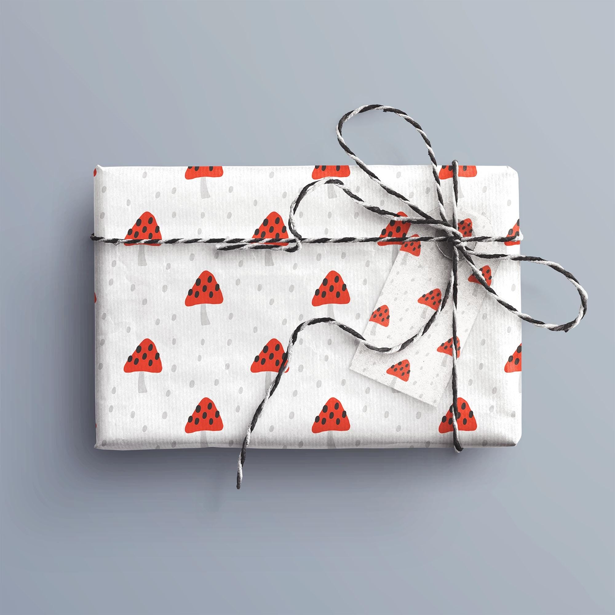 Red Toadstools Gift Wrap, Eco-Friendly Woodland Kids Gift Wrapping Paper, 100% Recyclable, Luxury Sustainable Kraft Birthday.