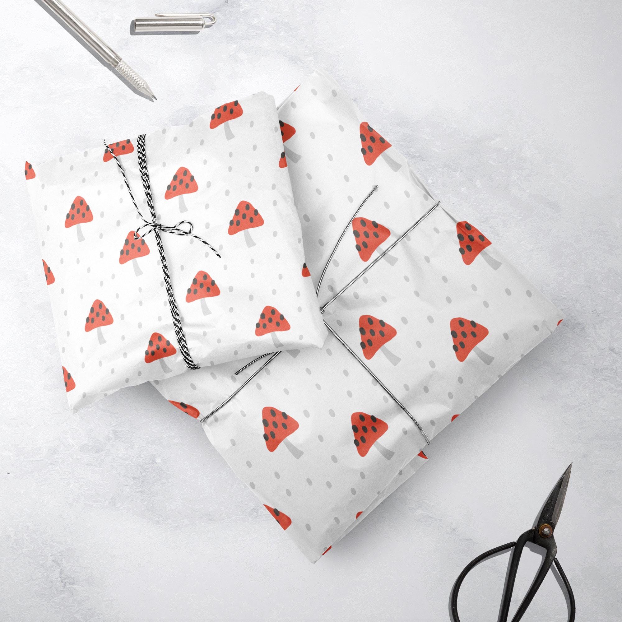 Red Toadstools Gift Wrap, Eco-Friendly Woodland Kids Gift Wrapping Paper, 100% Recyclable, Luxury Sustainable Kraft Birthday.