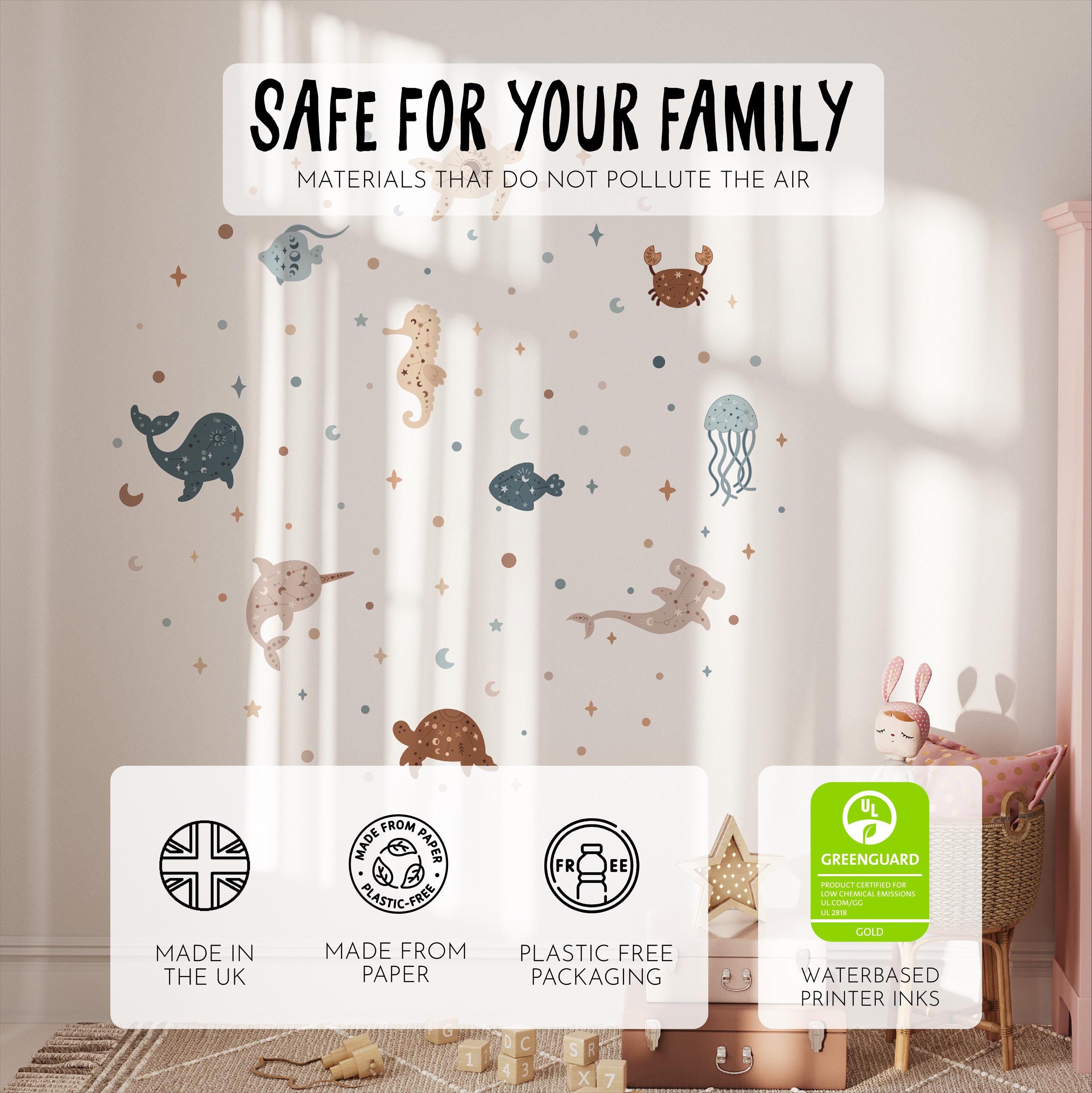 Celestial Ocean Wall Decals, Sea Animals Kids Room Wall Stickers, Sea Nursery Theme, Playroom, Bedroom Decor, Peel & Stick Sea Life Decals