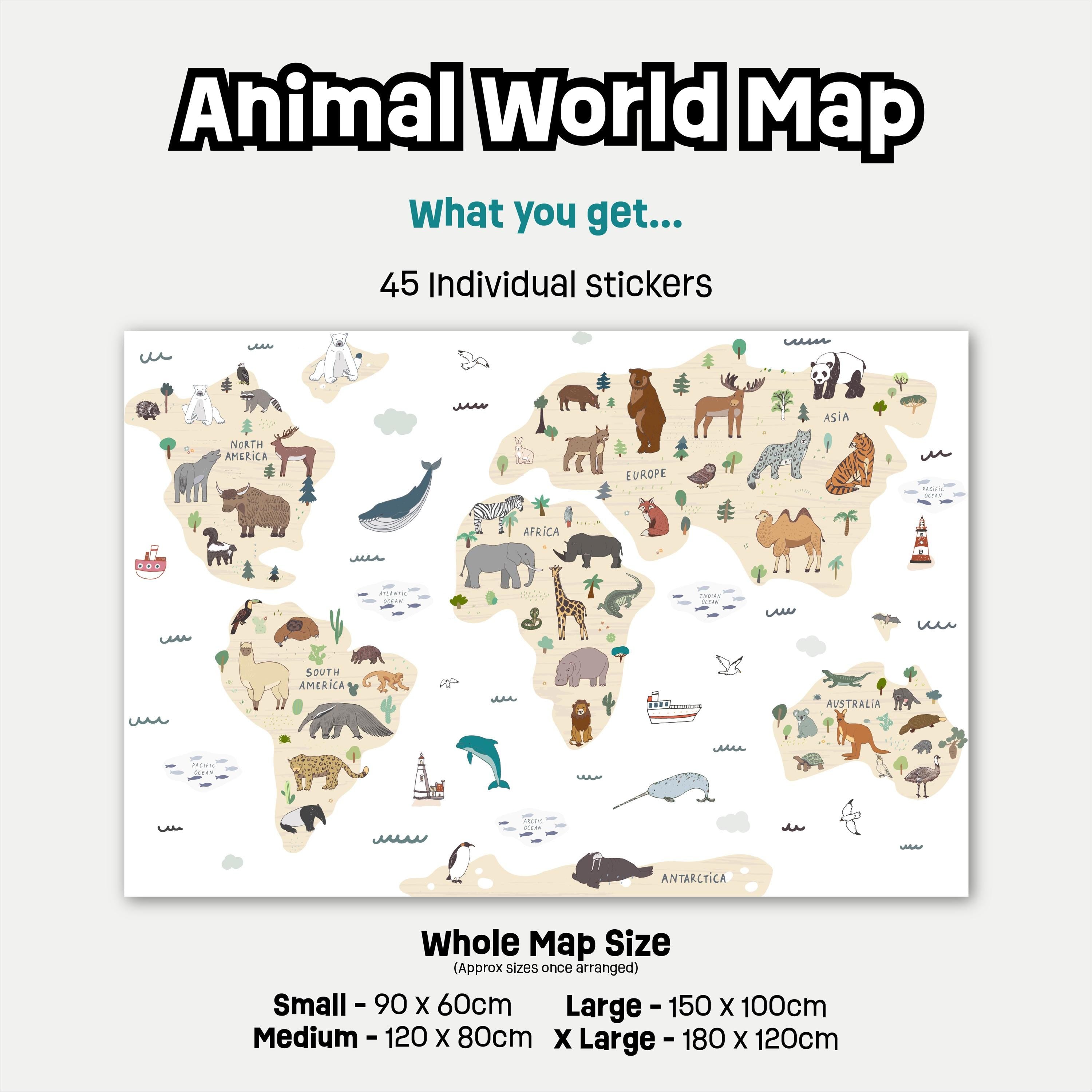 World Map Wall Decals, Animals Globe Kids Room Wall Stickers, Sea Nursery Theme, Playroom, Bedroom Decor, Peel & Stick Decals, Lion Elephant