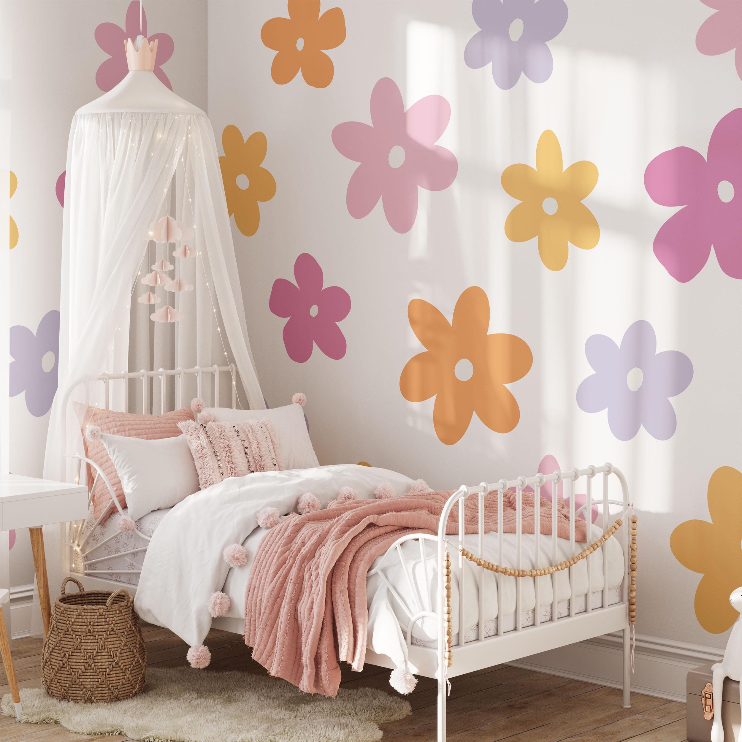 Vibrant Flower Wall Decals, Flower Nursery Stickers, Nursery Decor, Removable Wall Art, Polka Dot Decals, Peel & Stick