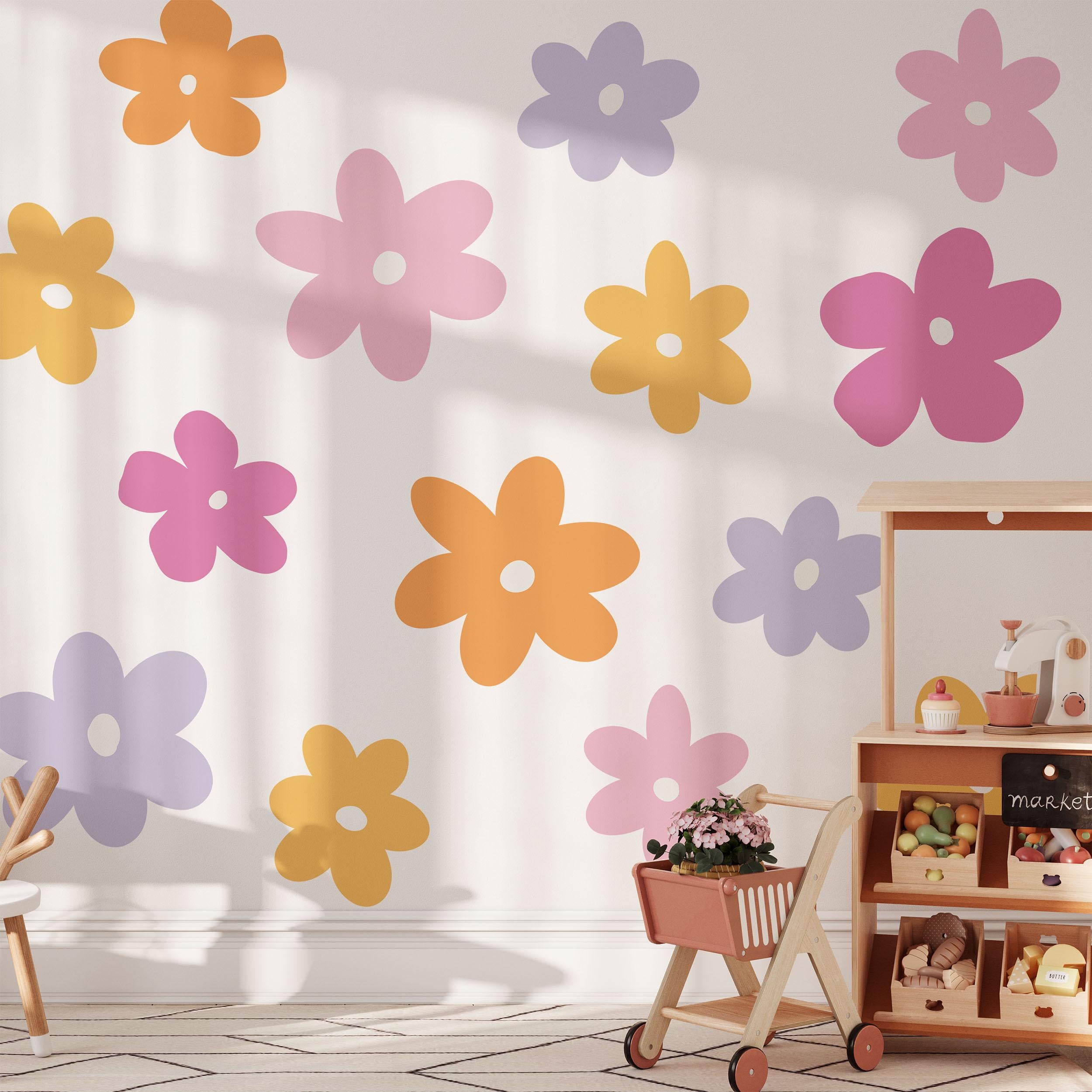 Vibrant Flower Wall Decals, Flower Nursery Stickers, Nursery Decor, Removable Wall Art, Polka Dot Decals, Peel & Stick