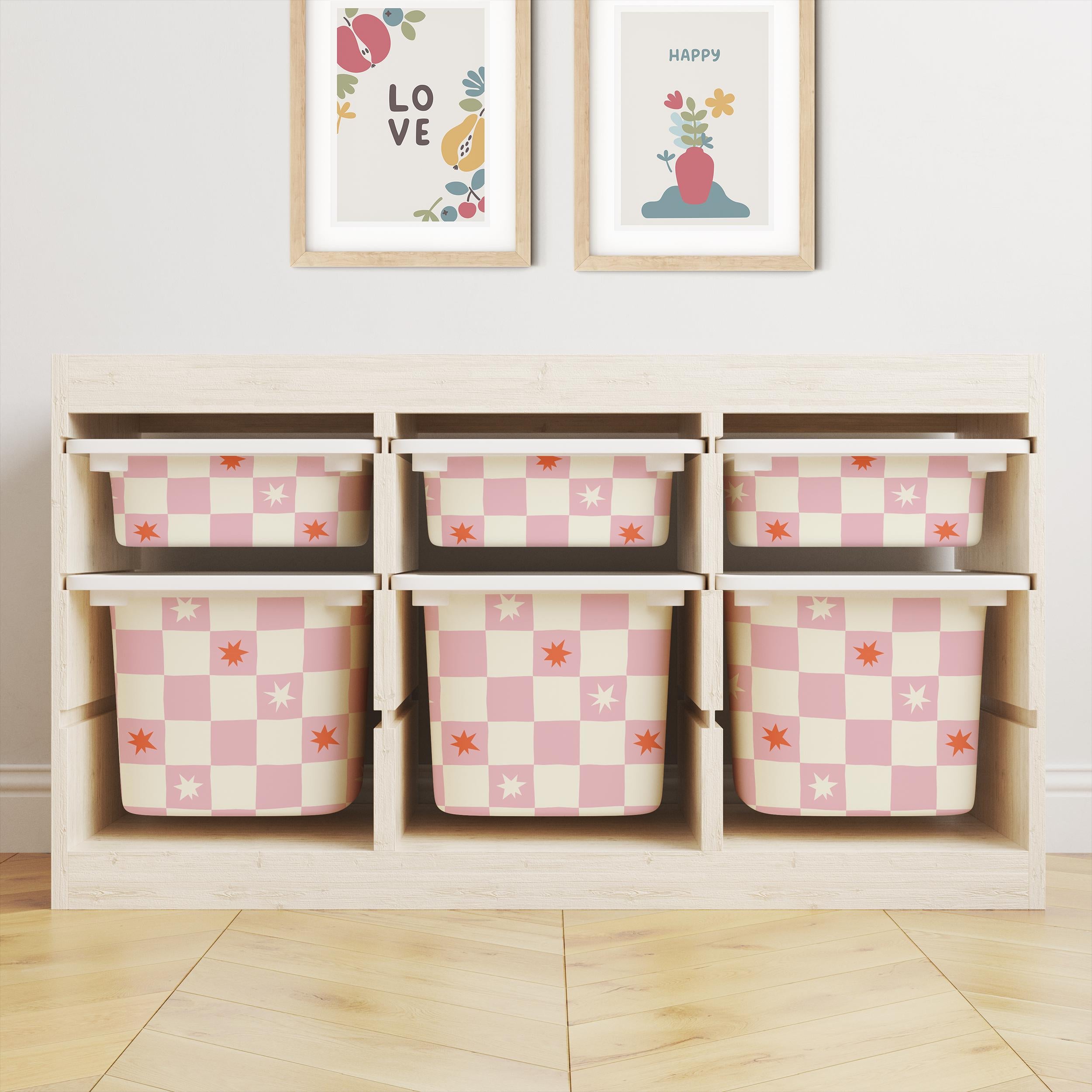 IKEA Trofast Box Pink Check & Stars Stickers Removable Playroom Organisation Labels Scandi Kids Decor