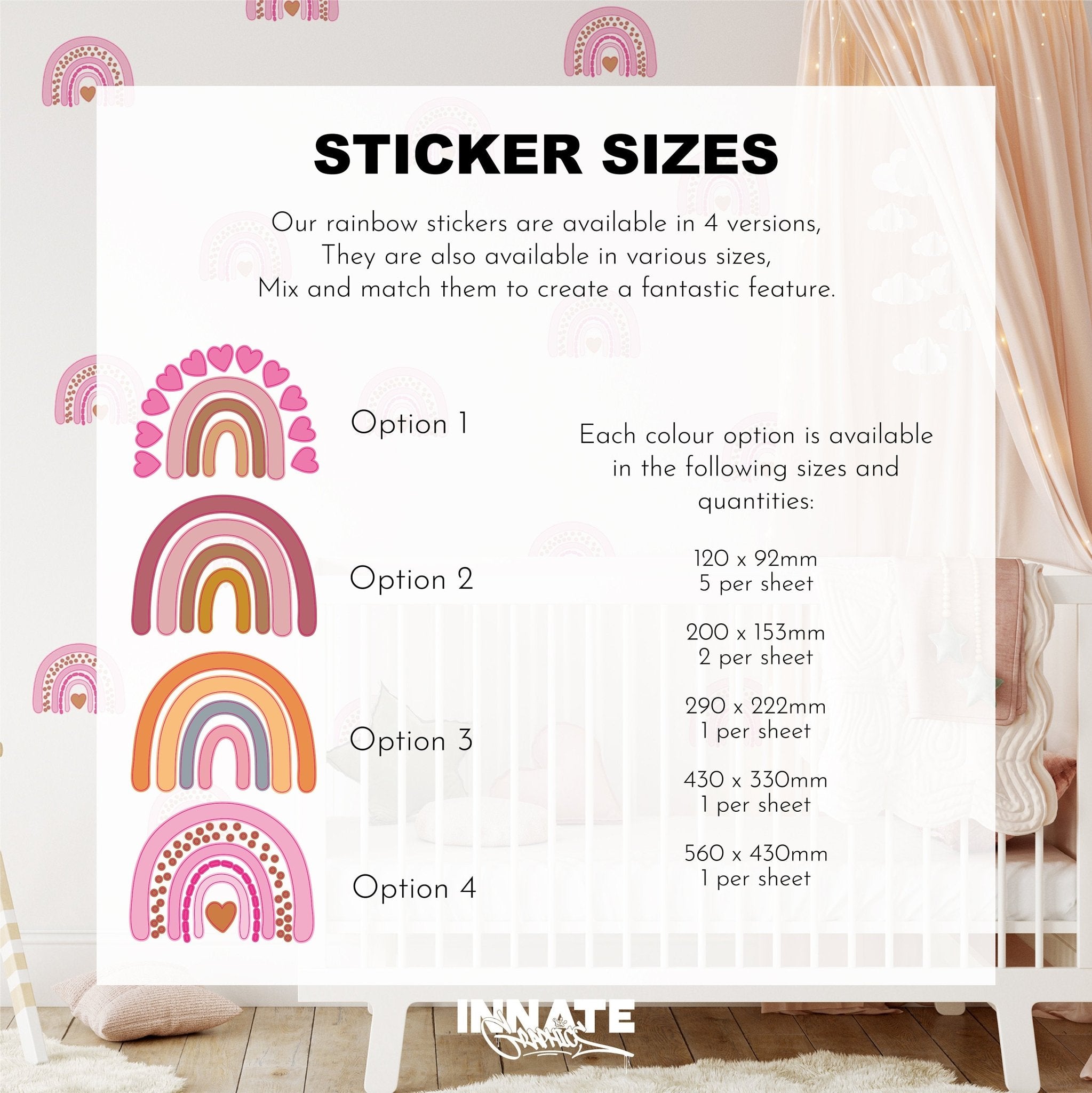 The Sticker Sizes poster features My Stores Rainbow Wall Stickers in four vibrant styles, available in sizes from 200x153mm to 560x430mm. Perfect for childrens rooms with rainbow decals, these removable stickers bring a playful vibe to any space.