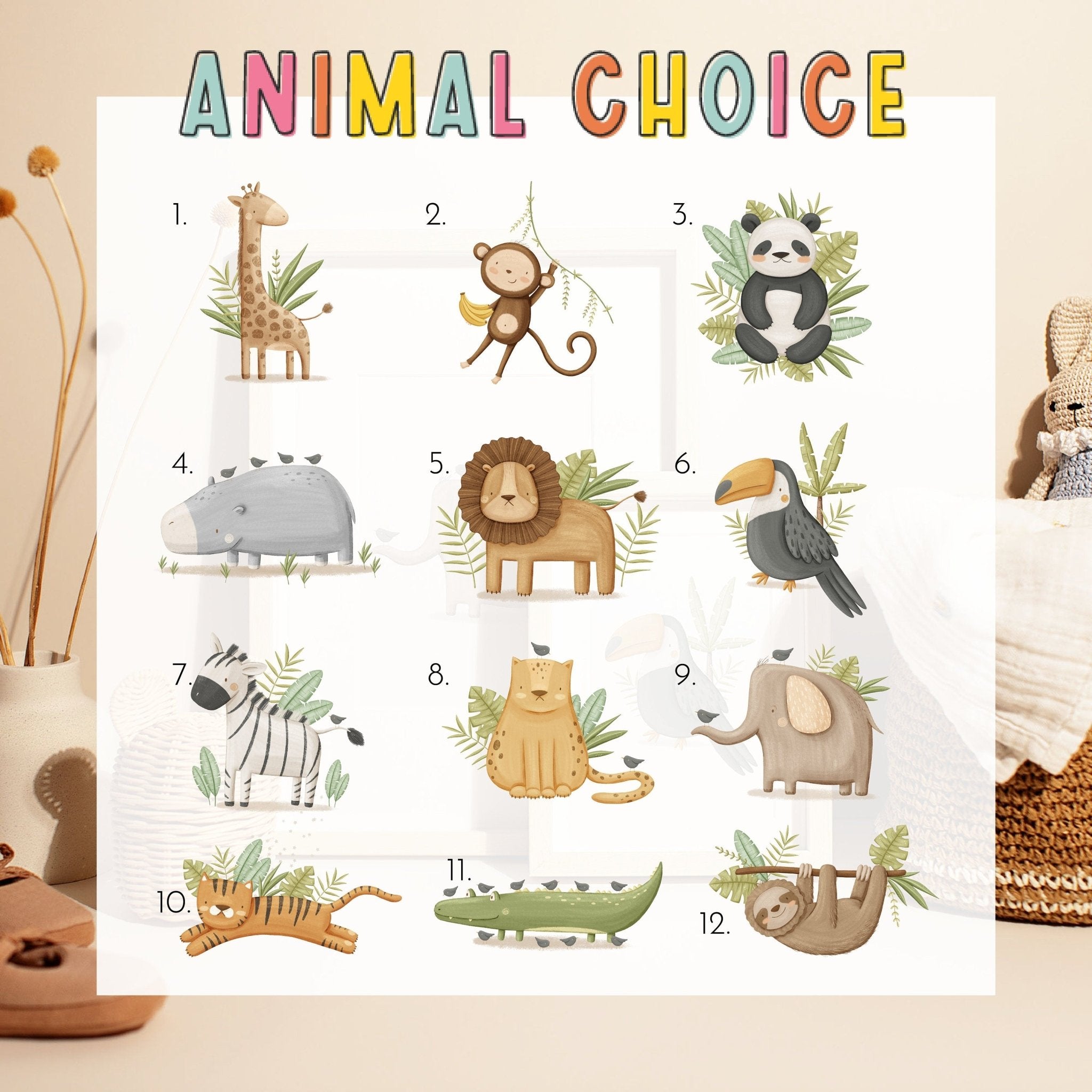 The Animal Choice chart by My Store is a charming nursery print titled Safari Animals Nursery Prints, featuring giraffe, monkey, panda, hippopotamus, lion, toucan, zebra, cat, snake, tiger, crocodile & elephant playfully illustrated with leaves on a white background—ideal for nursery art.