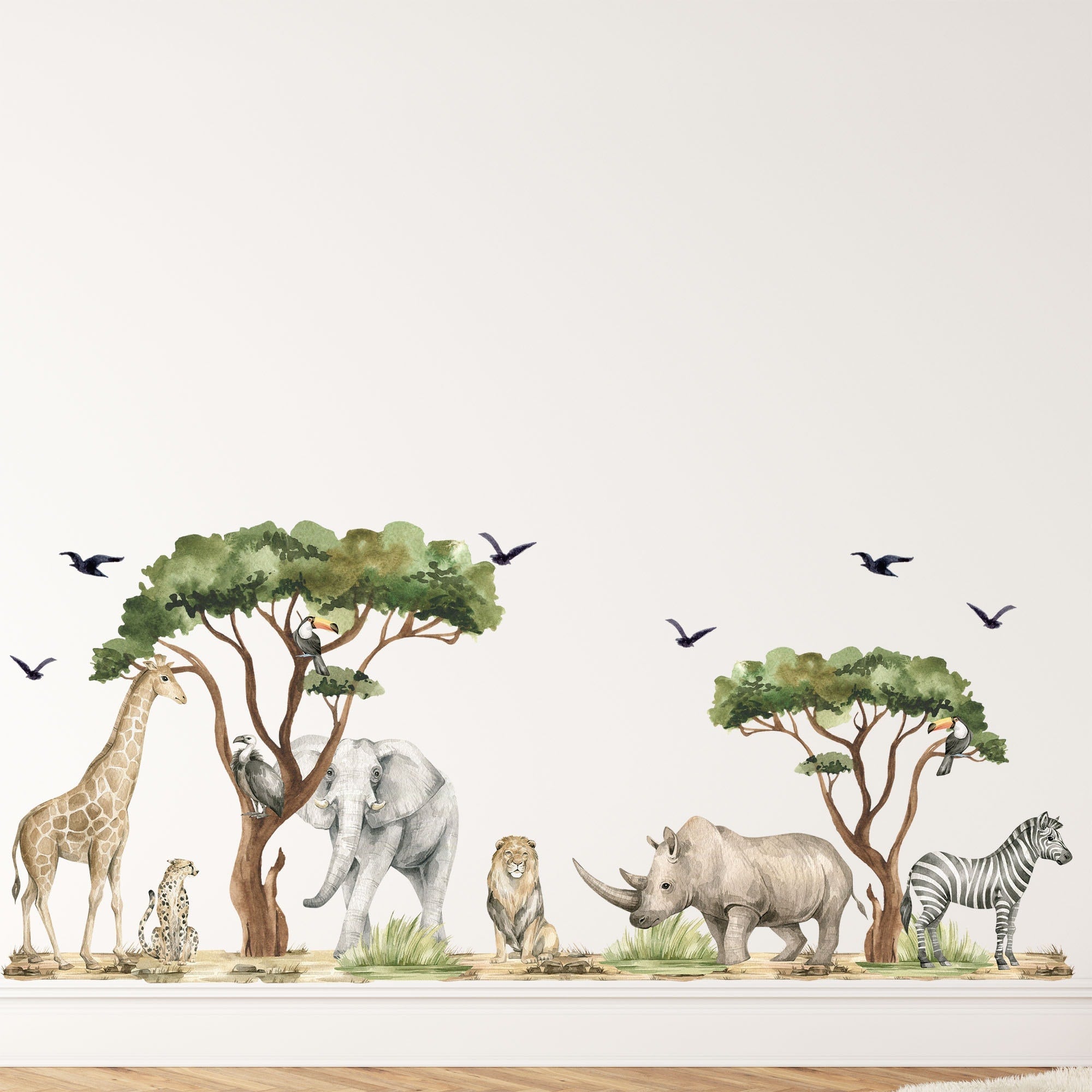 The Safari Animals Nursery Stickers by My Store feature a vivid watercolor African savanna scene with animals like giraffes, cheetahs, and zebras among trees on a light background. These removable wall decals are perfect for transforming any nursery.