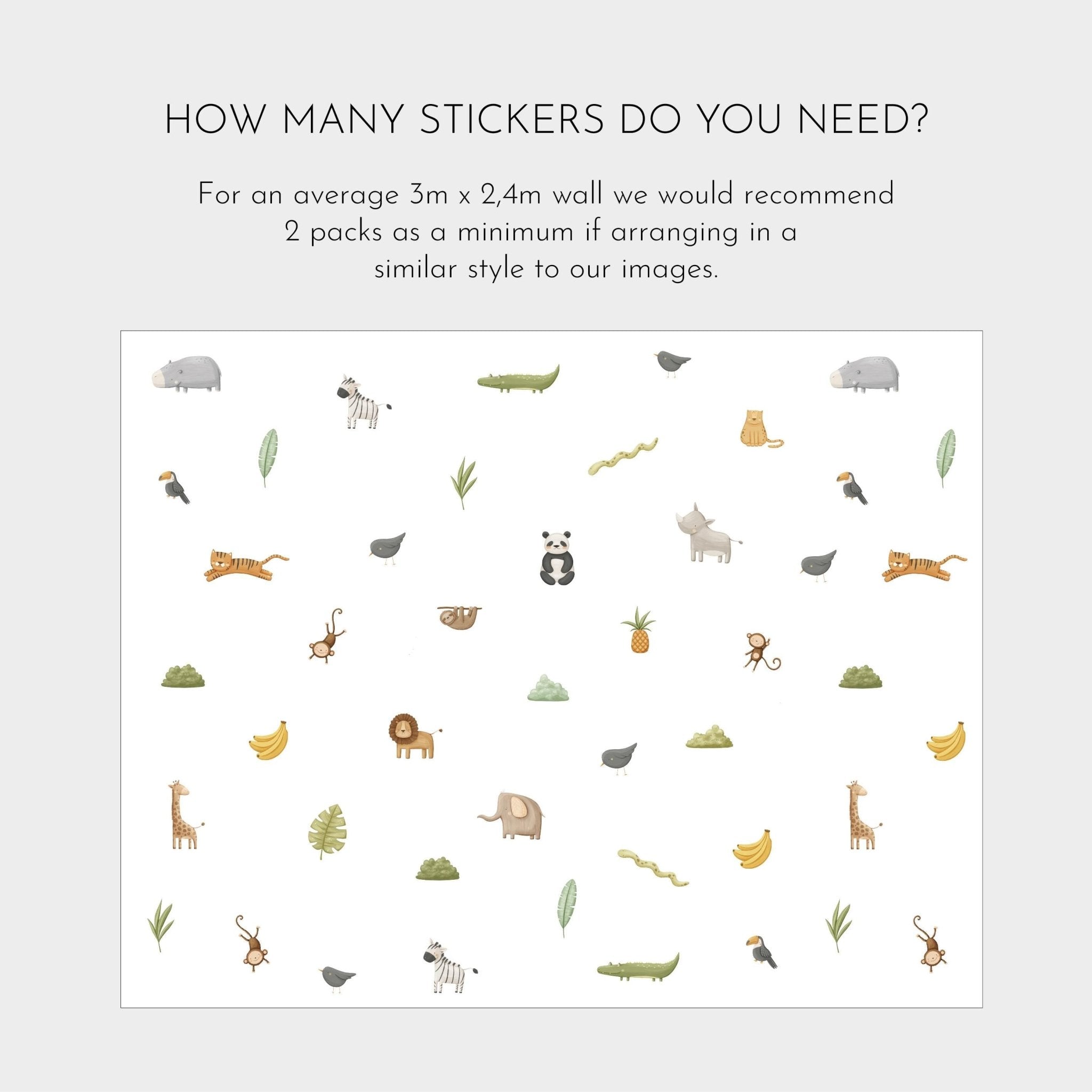 The My Store Safari & Jungle Animal Stickers, showcasing elephants, lions, and giraffes, are perfect for nursery decor. Two packs elegantly cover a 3m x 2.4m wall with these delightful wildlife decals.