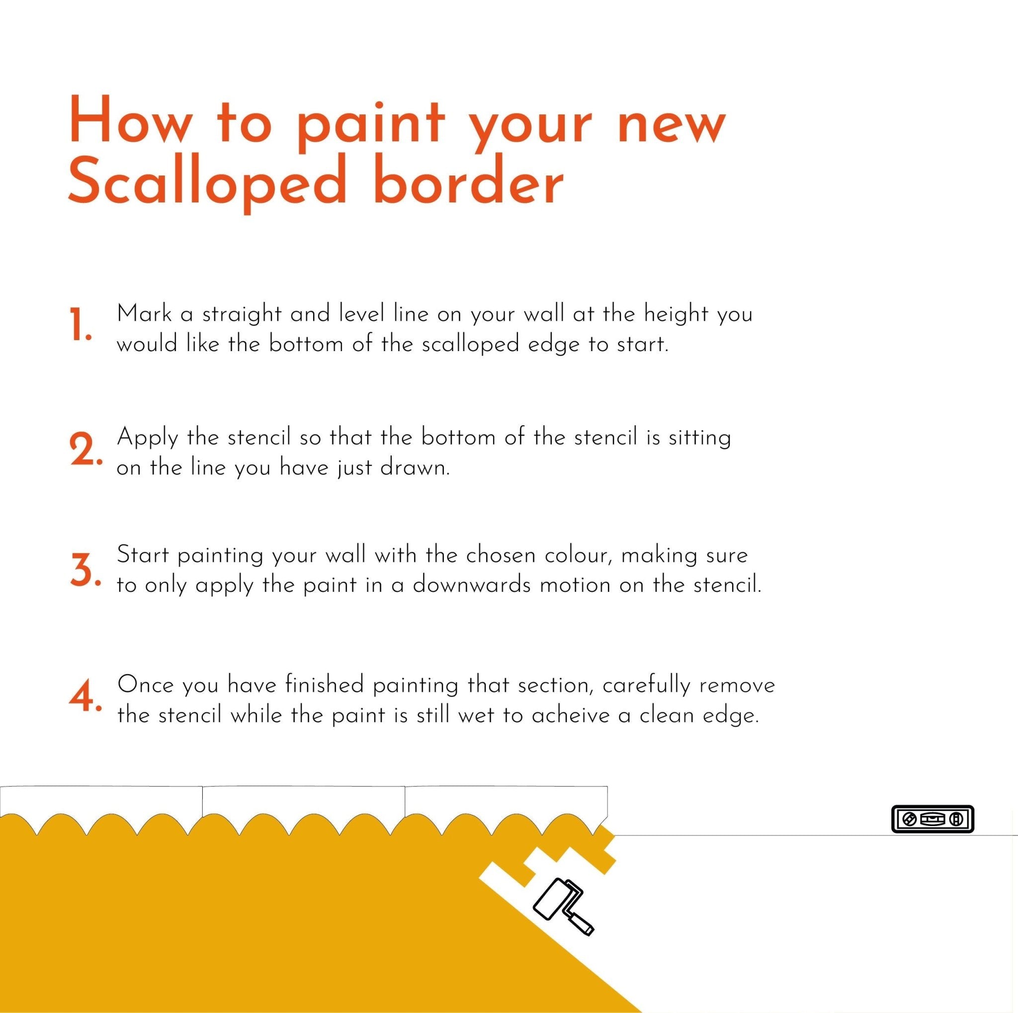 Instructions for using the Scalloped Wall Stencil from My Store: Draw a straight line on the wall, align the stencil with it, paint downward using a roller, and remove for a clean edge. The process is easy thanks to illustrative guidance featuring both a paint roller and stencil.