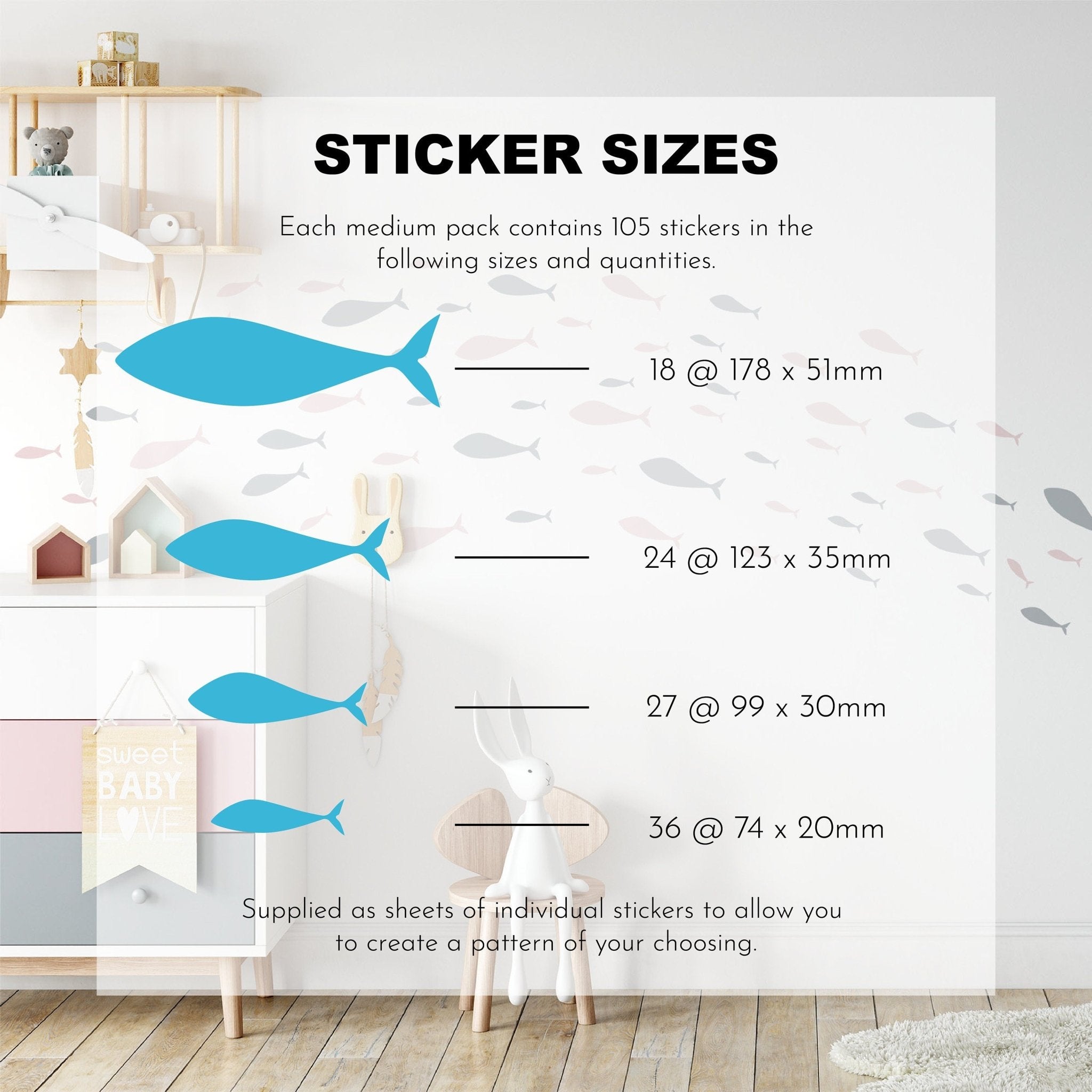 The Shoaling Fish Stickers by My Store feature four blue fish-shaped removable decals in sizes: 18 at 178x51mm, 24 at 123x35mm, 27 at 99x30mm, and 36 at 74x20mm. This nursery decor offers a charming backdrop with wall decals and an inviting shelf.