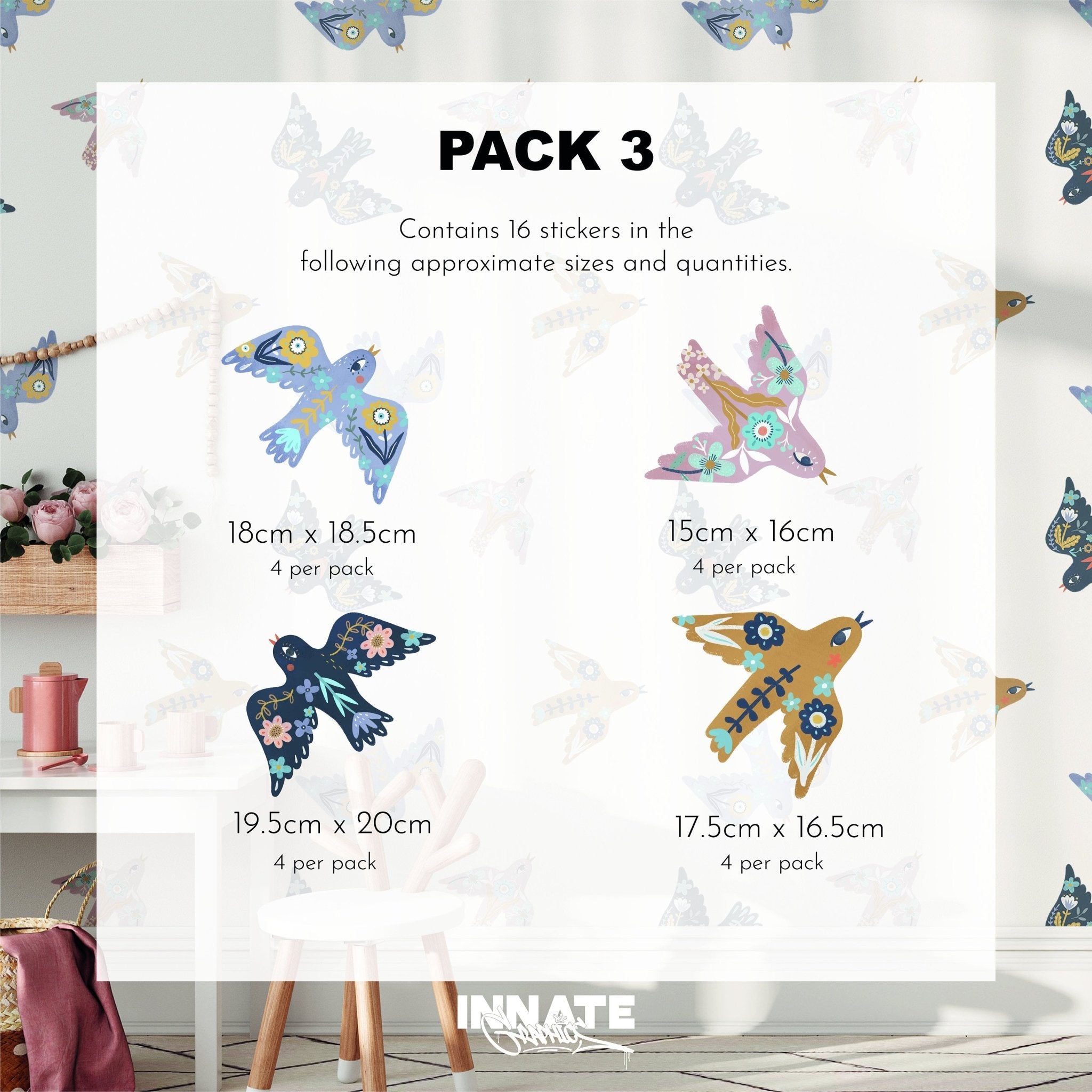 An image shows a wall with Summer Mood Wall Stickers featuring colorful bird decals, ideal for nursery decor. Below is a table with a book, bench, and plant. Text details sizes and quantities of stickers in Pack 3. My Stores brand logo appears at the bottom.