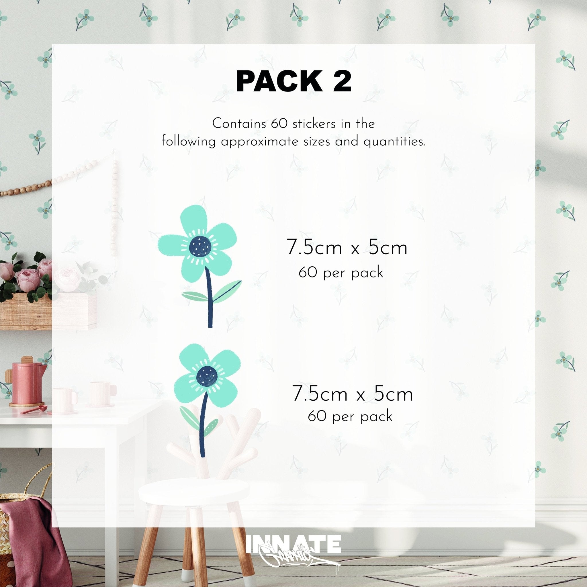Advertisement for My Stores Summer Mood Wall Stickers: Pack 2 features 60 removable floral wall decals, each approximately 7.5cm x 5cm. The background highlights a serene room with plants and decor.