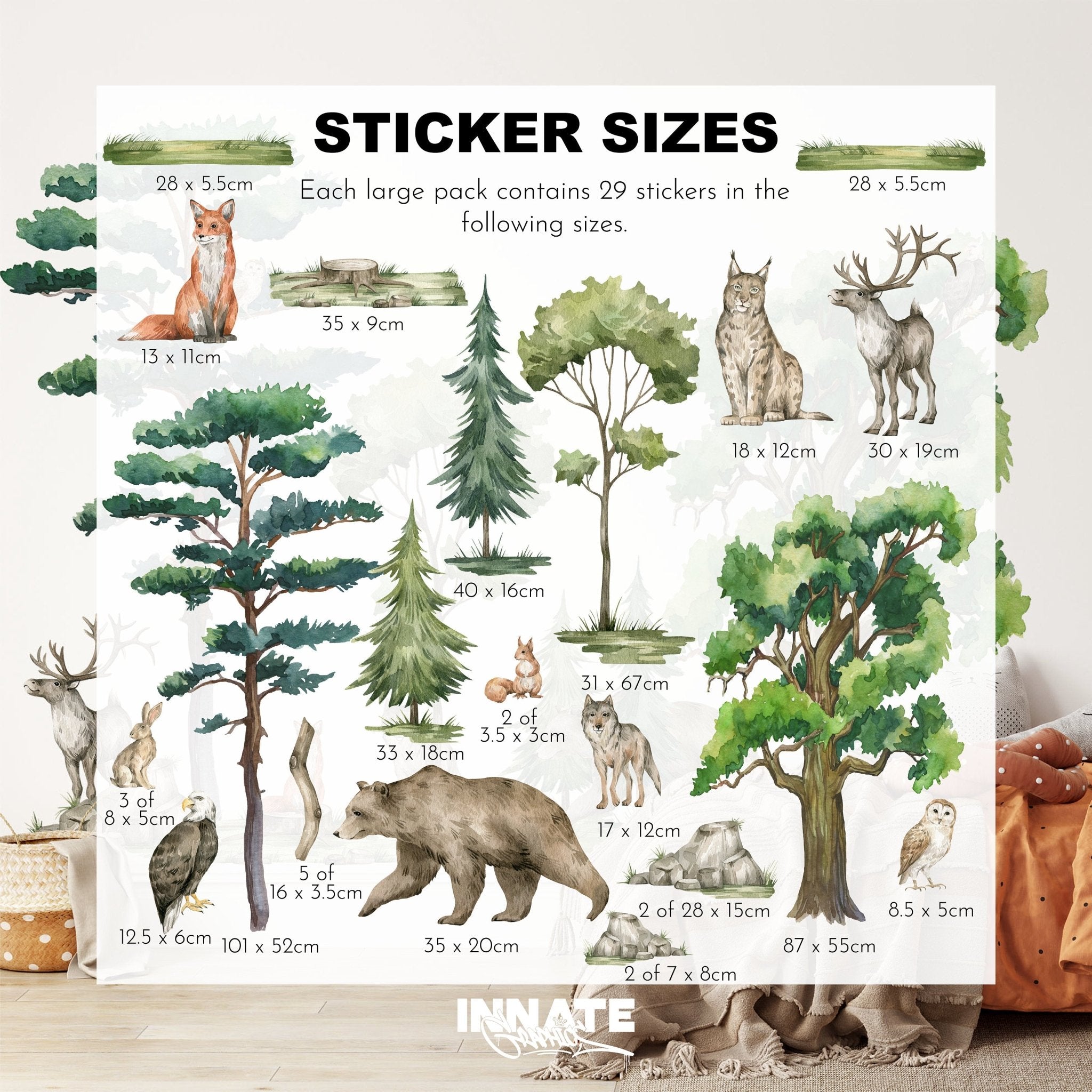 My Stores Woodland Animals Nursery Stickers include nature-themed decals with animals like deer, lynx, and bears, plus assorted watercolor trees. The Sticker Sizes poster displays dimensions with the INNATE logo at the bottom.