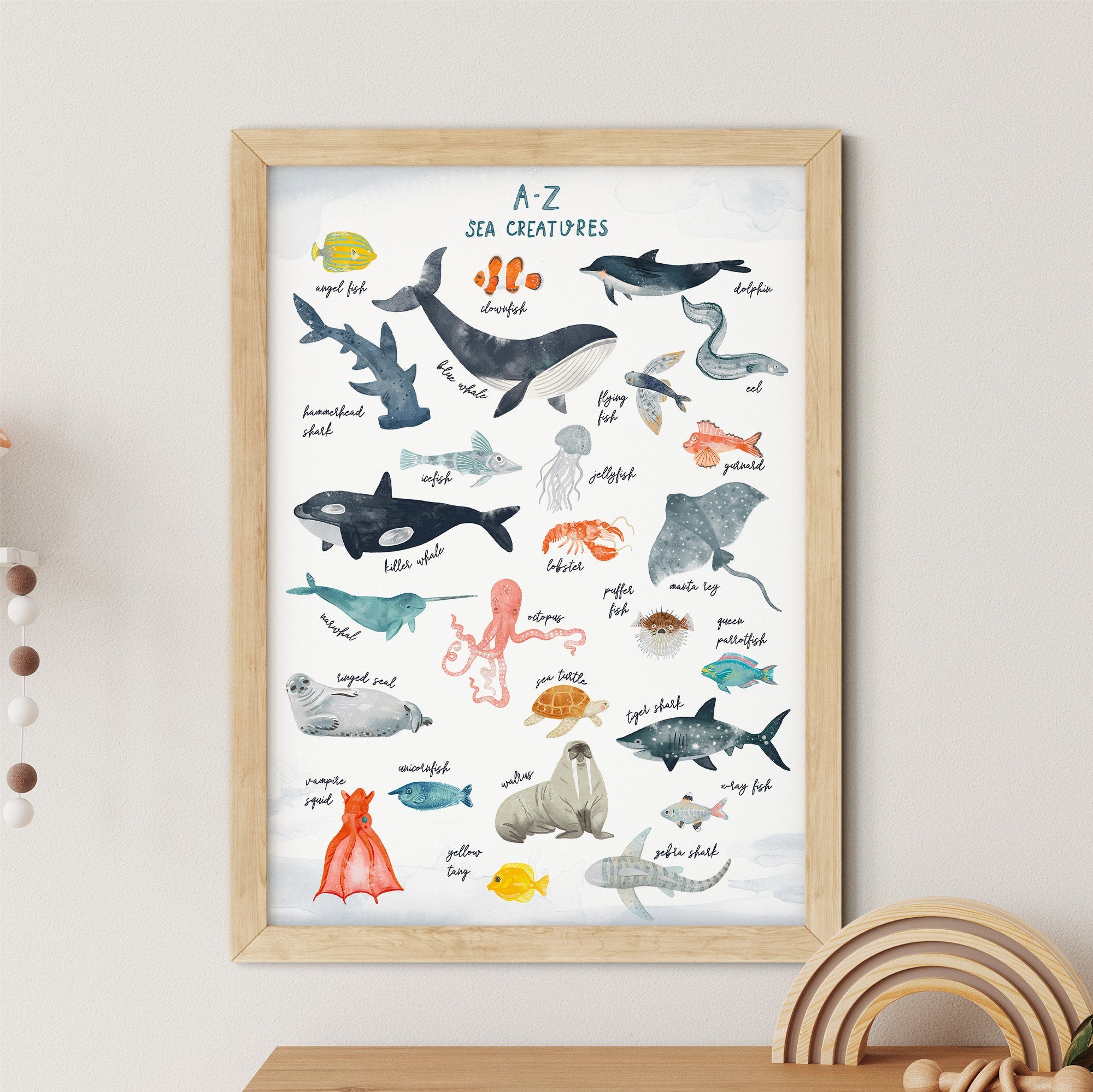 The A-Z Sea Creatures Nursery Print by My Store is an educational framed art piece featuring illustrations of marine animals like sea turtles, hammerhead sharks, whales, seahorses, and octopuses. It stylishly decorates a light-colored wall above a wooden toy with charming appeal.
