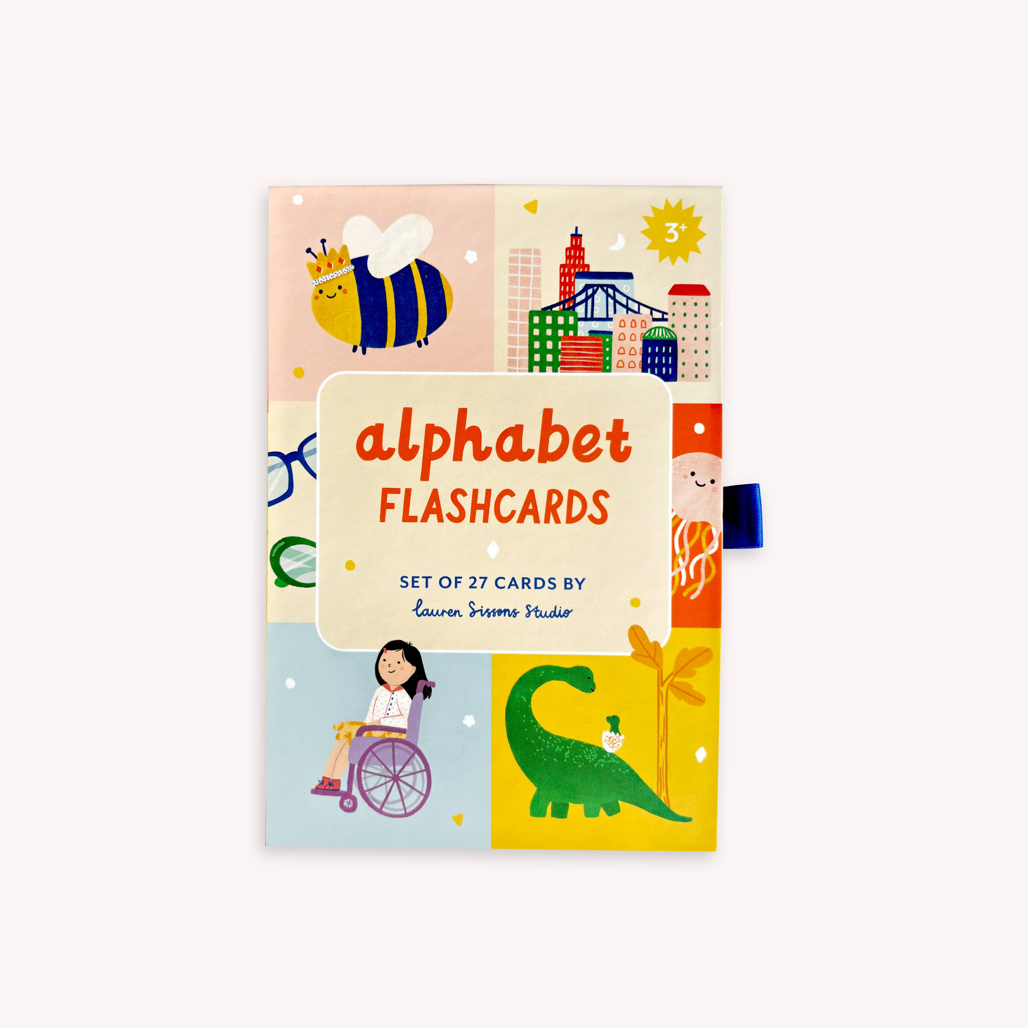 A-Z Illustrated Alphabet Flashcards by Lauren Sissons Studio: a 27-card set with colorful images like a bee, city, glasses, octopus, girl in wheelchair, dinosaur, and star. Fun educational toy for kids' learning.