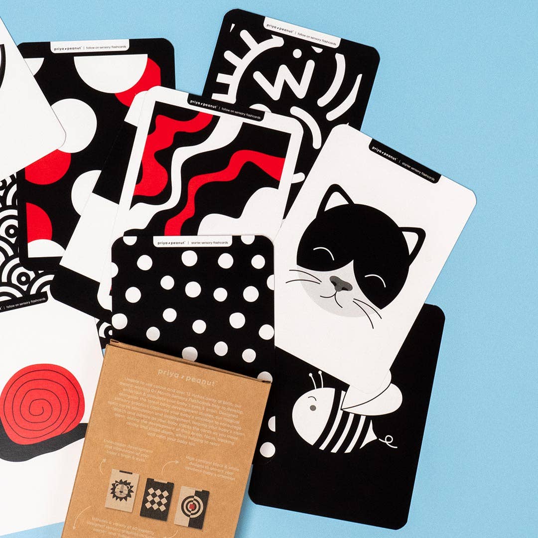 Priya & Peanut Newborn Sensory Cards (0+ Months Old), an award-winning baby toy, feature high-contrast black, white, and red designs—cat, bee, swirls, dots, and more—displayed on a light blue surface beside a brown box.