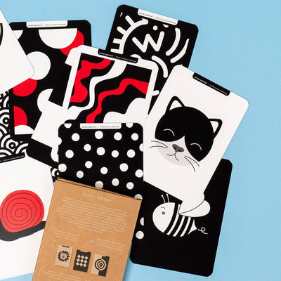 Priya & Peanut Newborn Sensory Cards (0+ Months Old), an award-winning baby toy, feature high-contrast black, white, and red designs—cat, bee, swirls, dots, and more—displayed on a light blue surface beside a brown box.